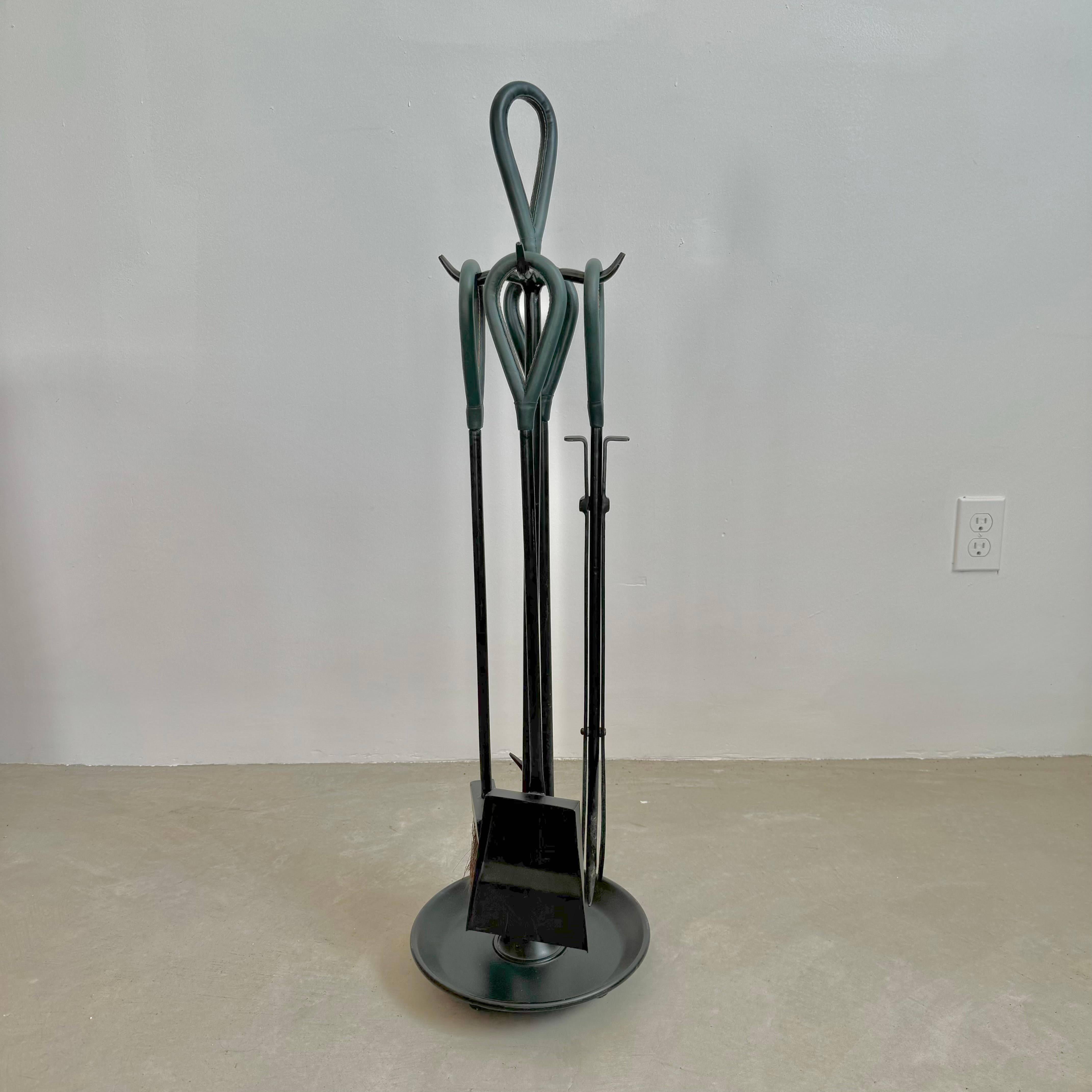 Green Leather and Iron Fireplace Set in the Style of Jacques Adnet, 1980s USA 2