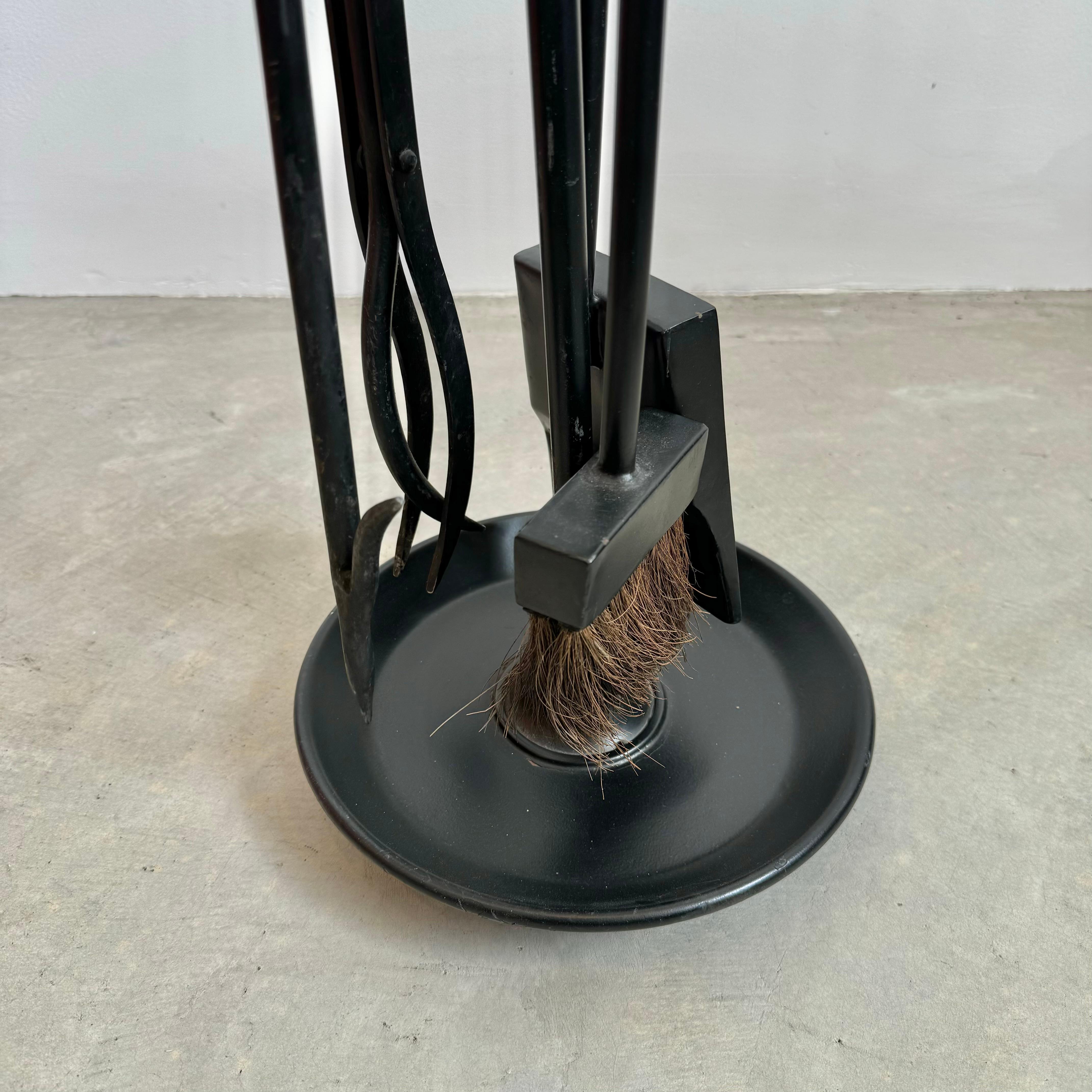 Green Leather and Iron Fireplace Set in the Style of Jacques Adnet, 1980s USA 3