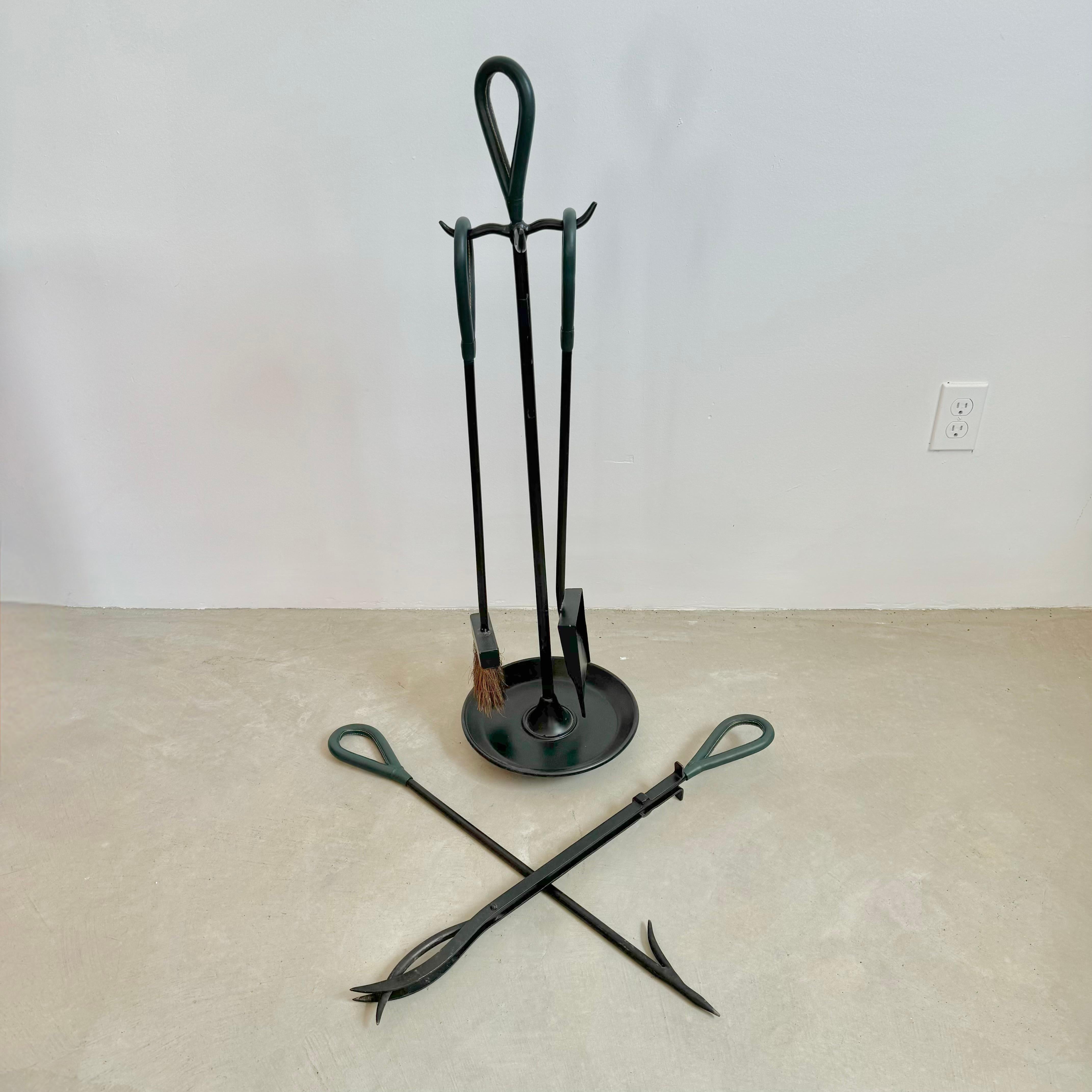 Green Leather and Iron Fireplace Set in the Style of Jacques Adnet, 1980s USA 4