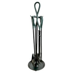 Green Leather and Iron Fireplace Set in the Style of Jacques Adnet, 1980s USA