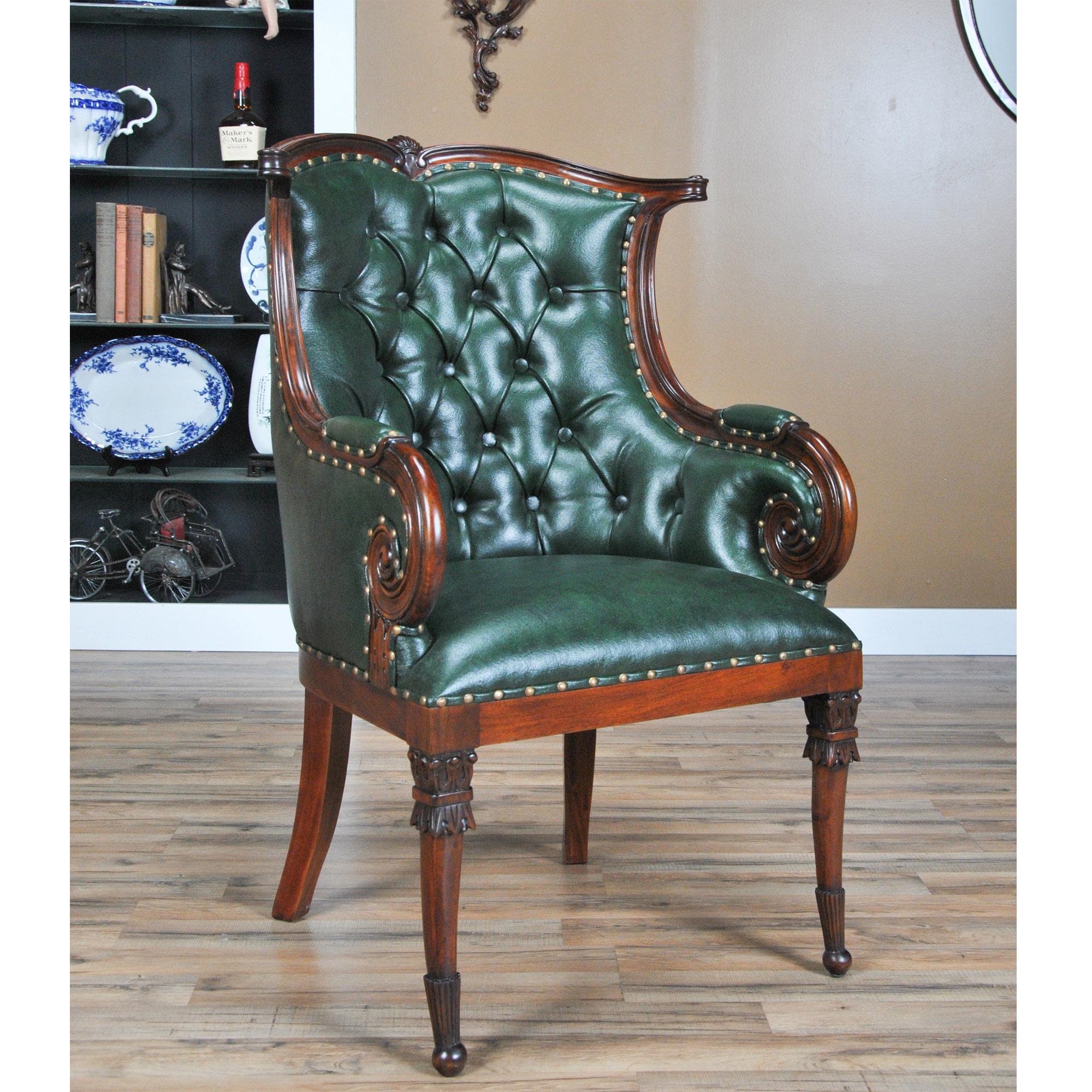 A fine quality Green Leather Arm Chair from Niagara furniture featuring a solid mahogany frame and full grain genuine leather. We had so many requests for our  traditional fireside chairs to be produced for use in the dining room that we adapted