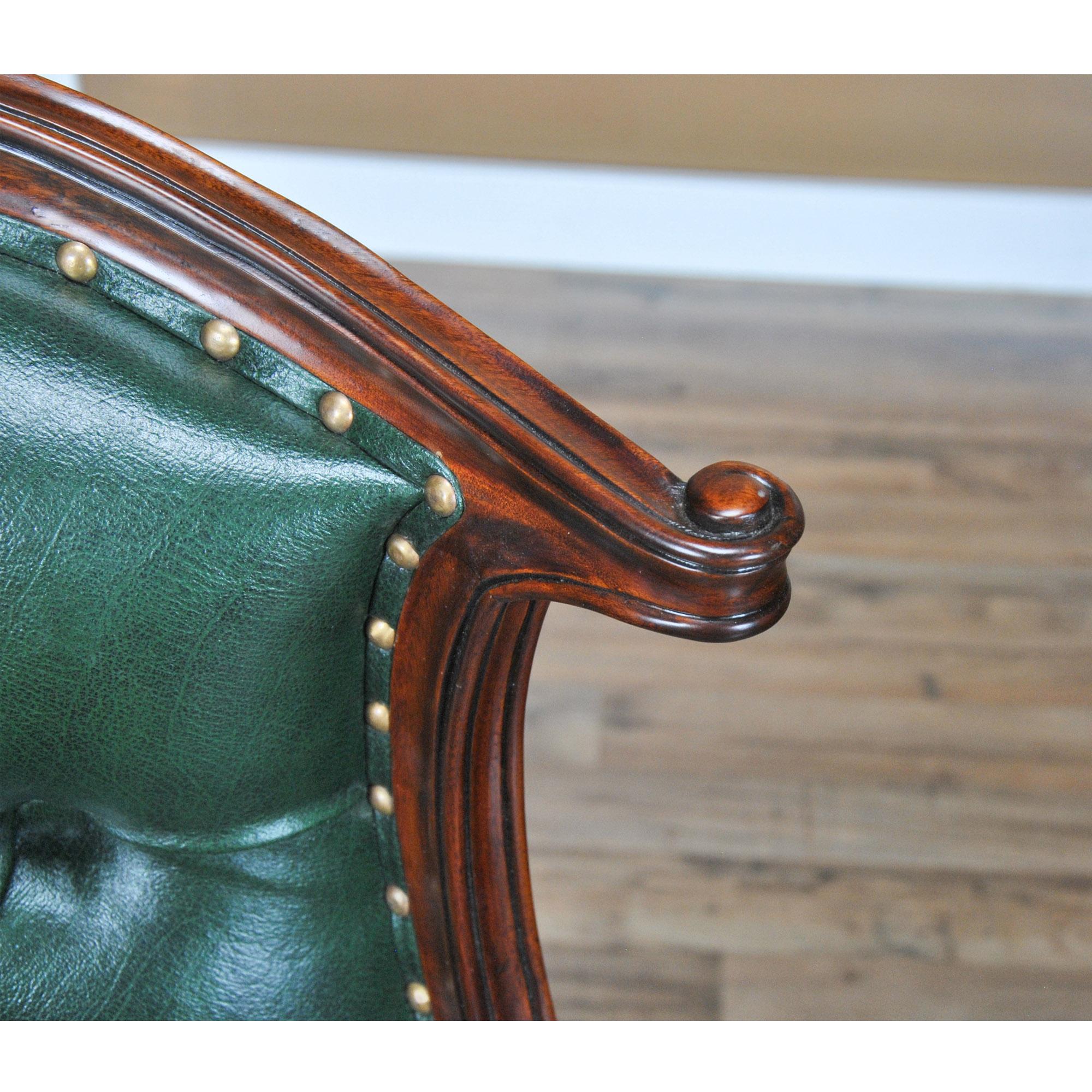 Hand-Carved Green Leather Arm Chair For Sale