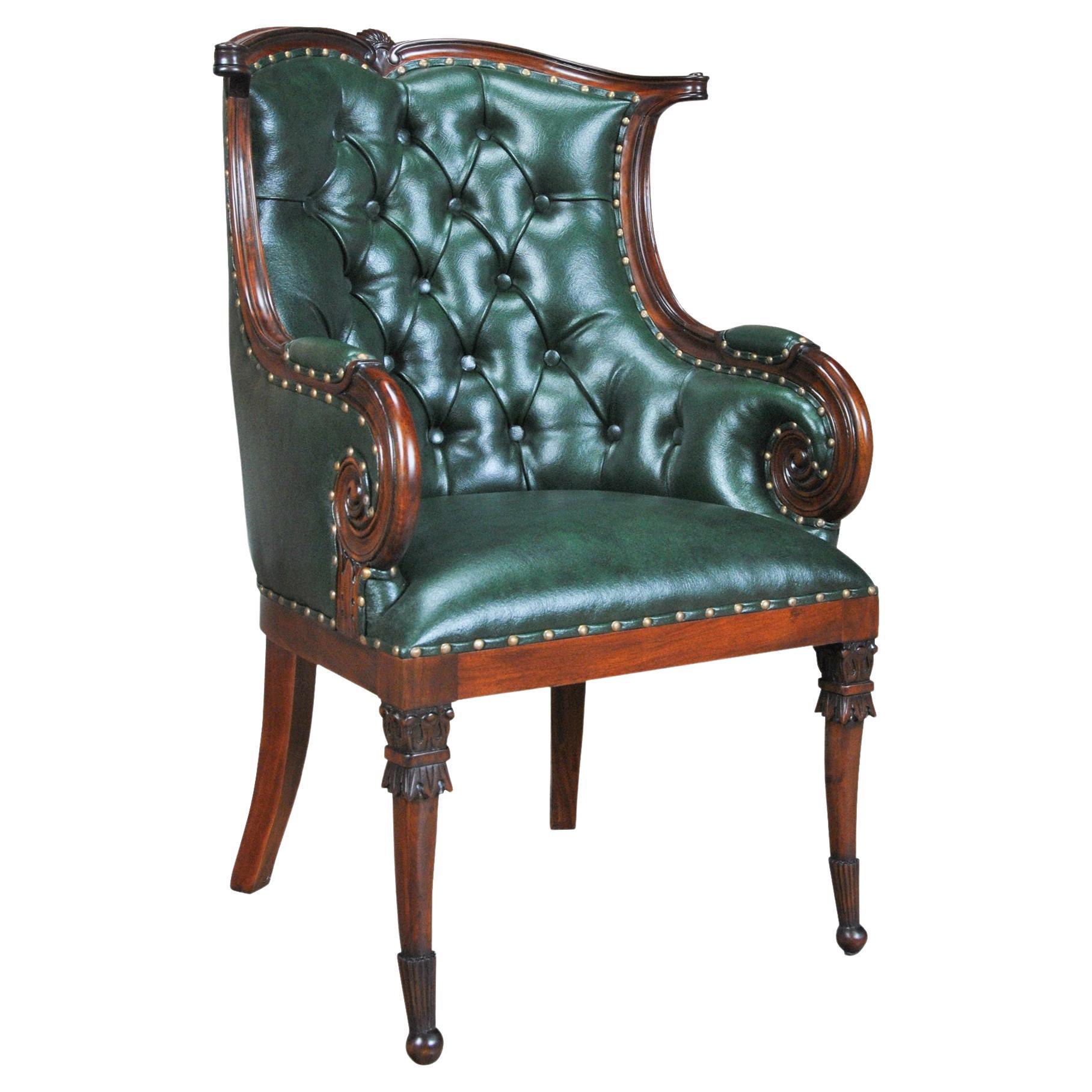 Green Leather Arm Chair For Sale