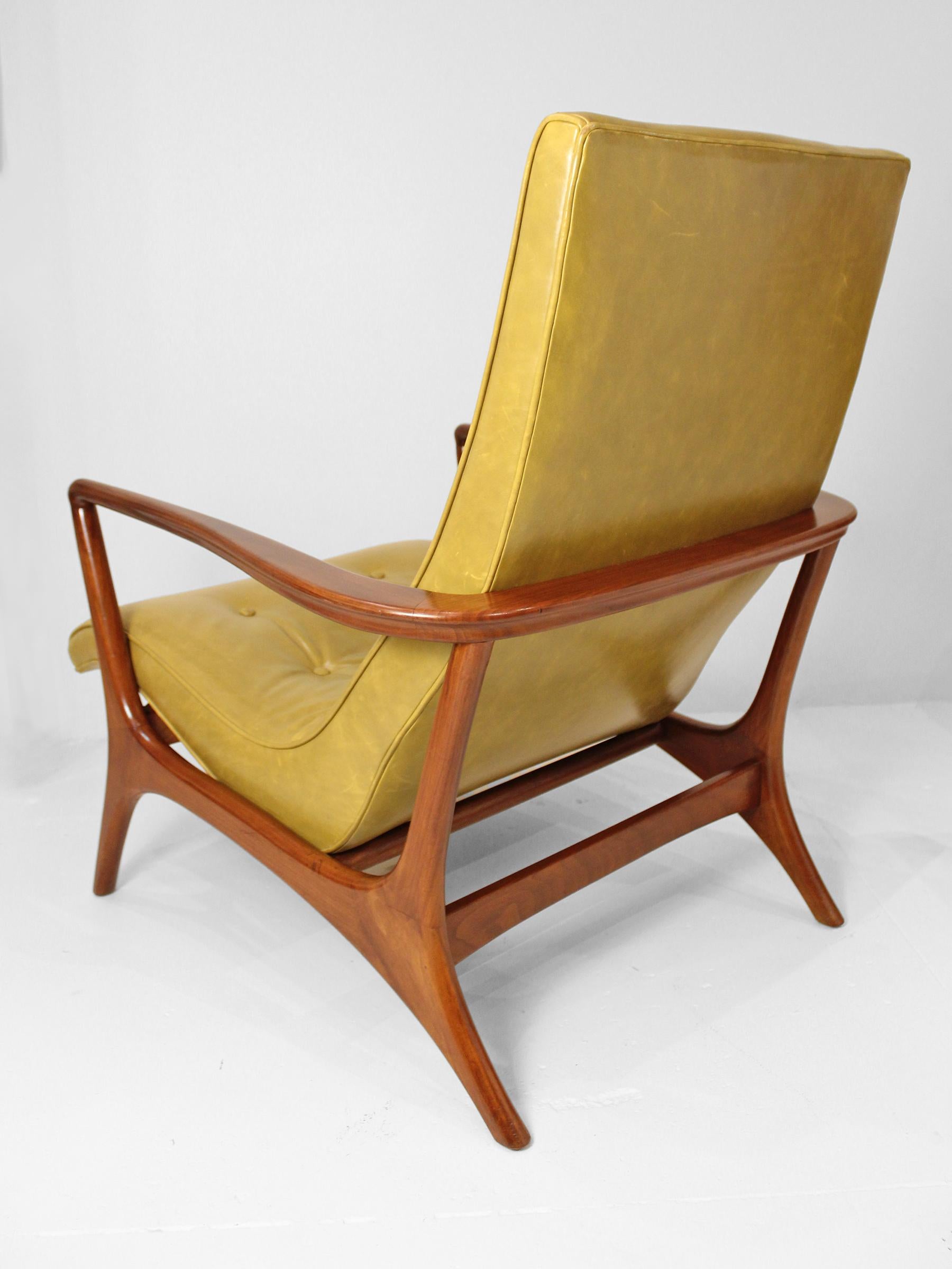 Mid-Century Modern Mid Century Green Leather Sculptural Wood Arm Chair For Sale