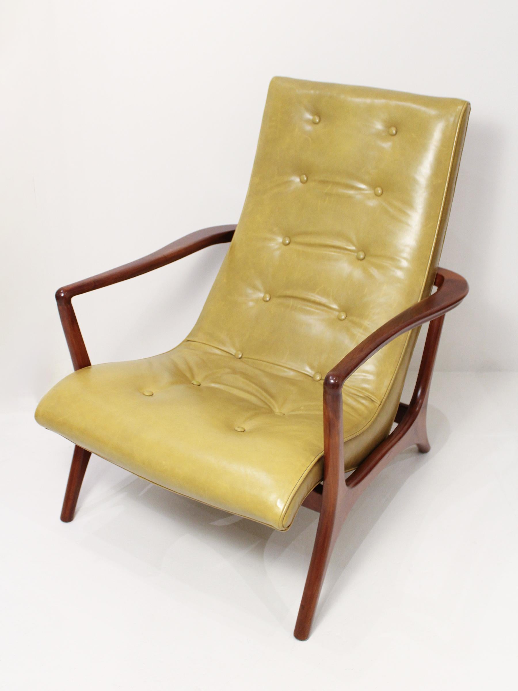American Mid Century Green Leather Sculptural Wood Arm Chair For Sale