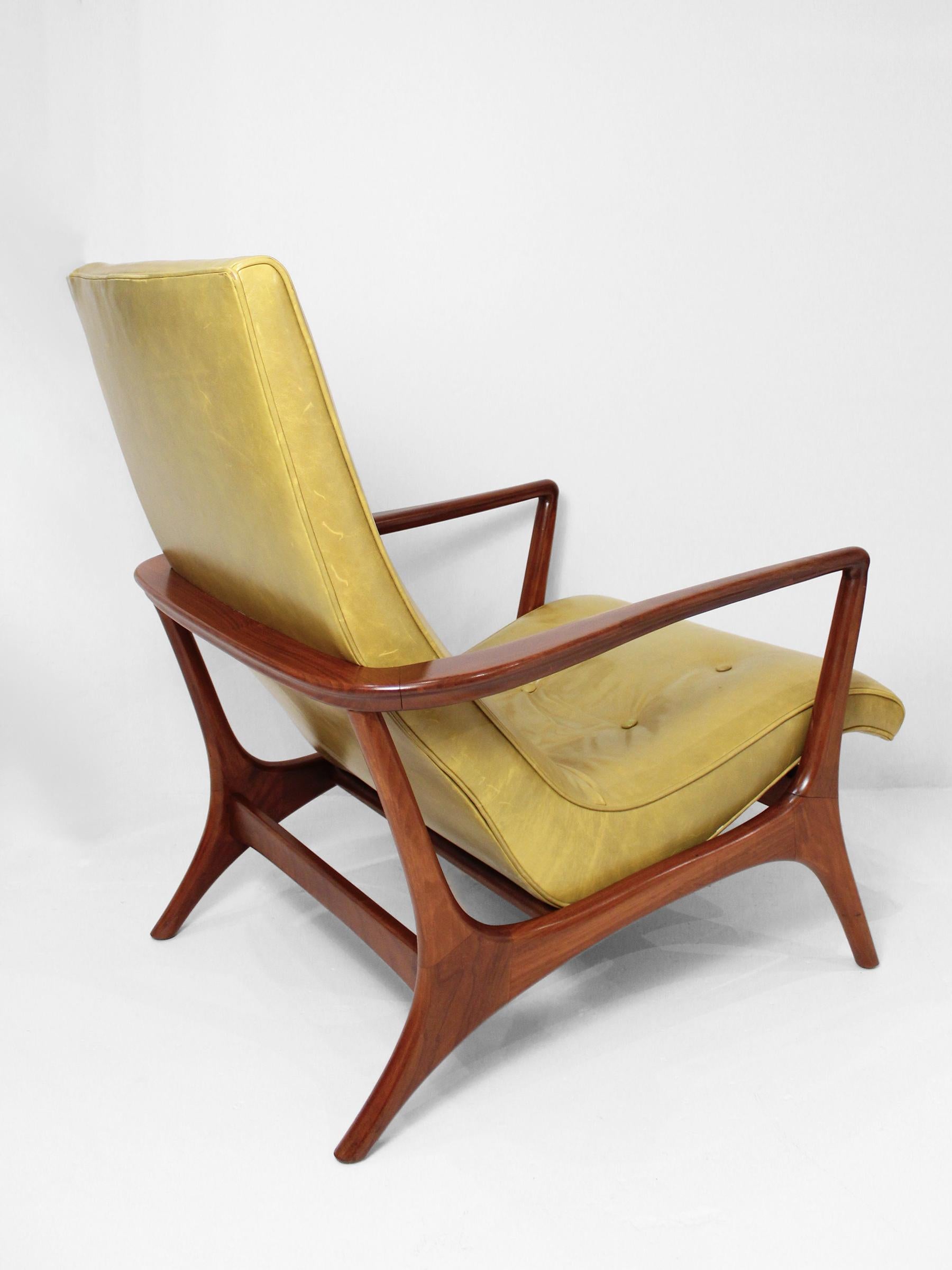 Woodwork Mid Century Green Leather Sculptural Wood Arm Chair For Sale