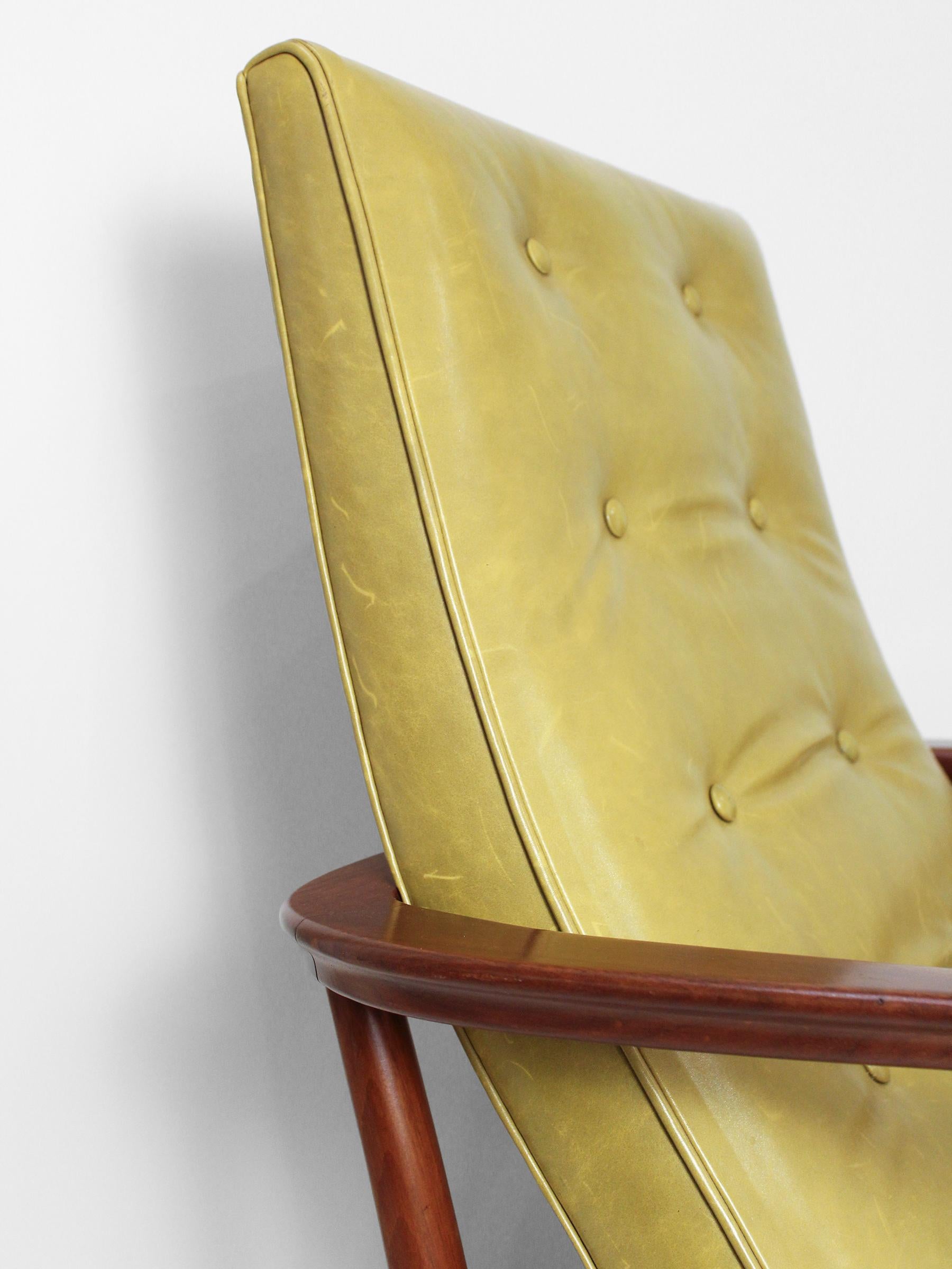 Mid-20th Century Mid Century Green Leather Sculptural Wood Arm Chair For Sale