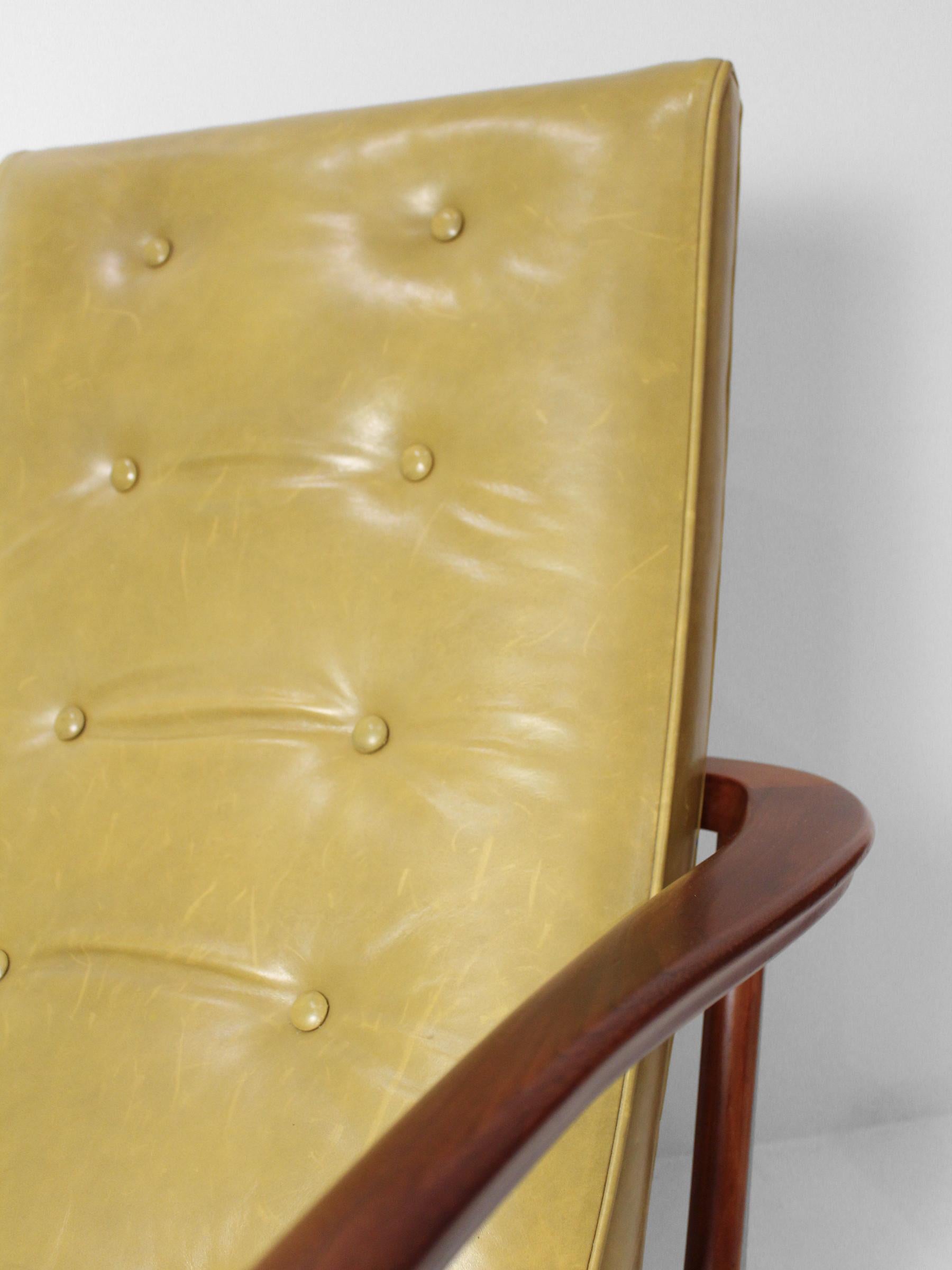 Mid Century Green Leather Sculptural Wood Arm Chair For Sale 1