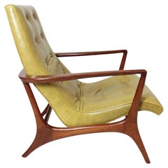 Mid Century Green Leather Sculptural Wood Arm Chair