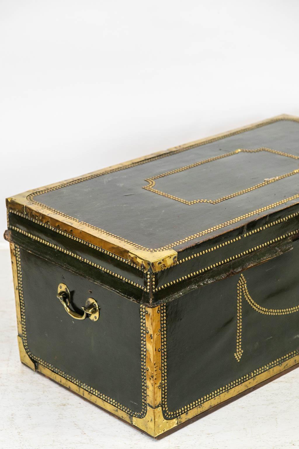 Green Leather Camphorwood Studded Trunk For Sale 6