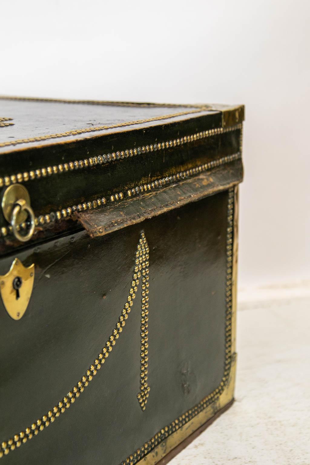 Green Leather Camphorwood Studded Trunk For Sale 7
