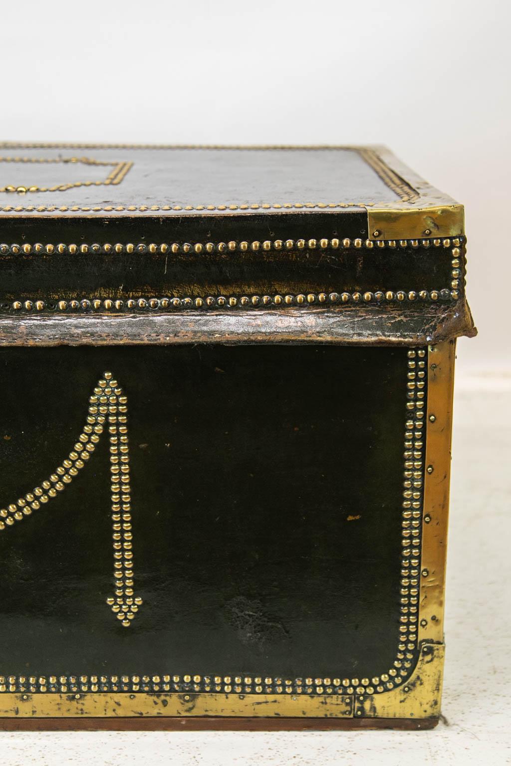 Mid-19th Century Green Leather Camphorwood Studded Trunk For Sale