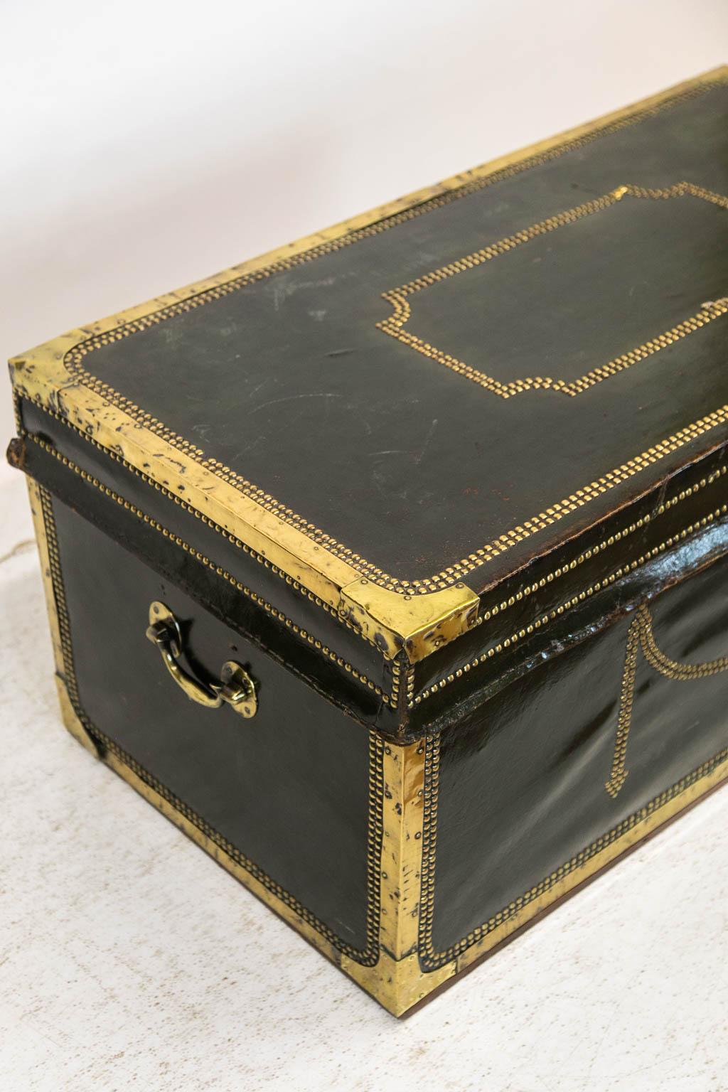 Brass Green Leather Camphorwood Studded Trunk For Sale