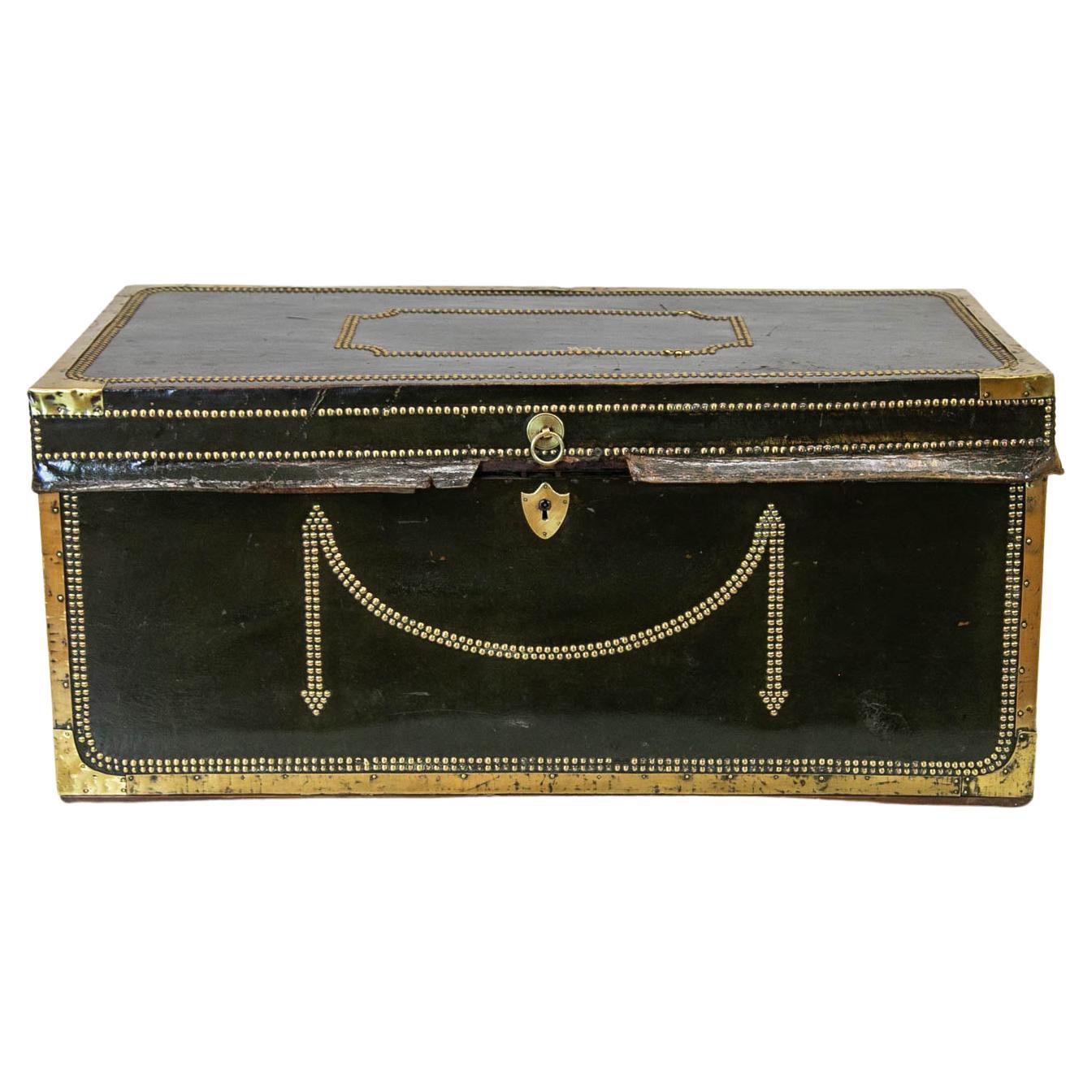 Green Leather Camphorwood Studded Trunk For Sale