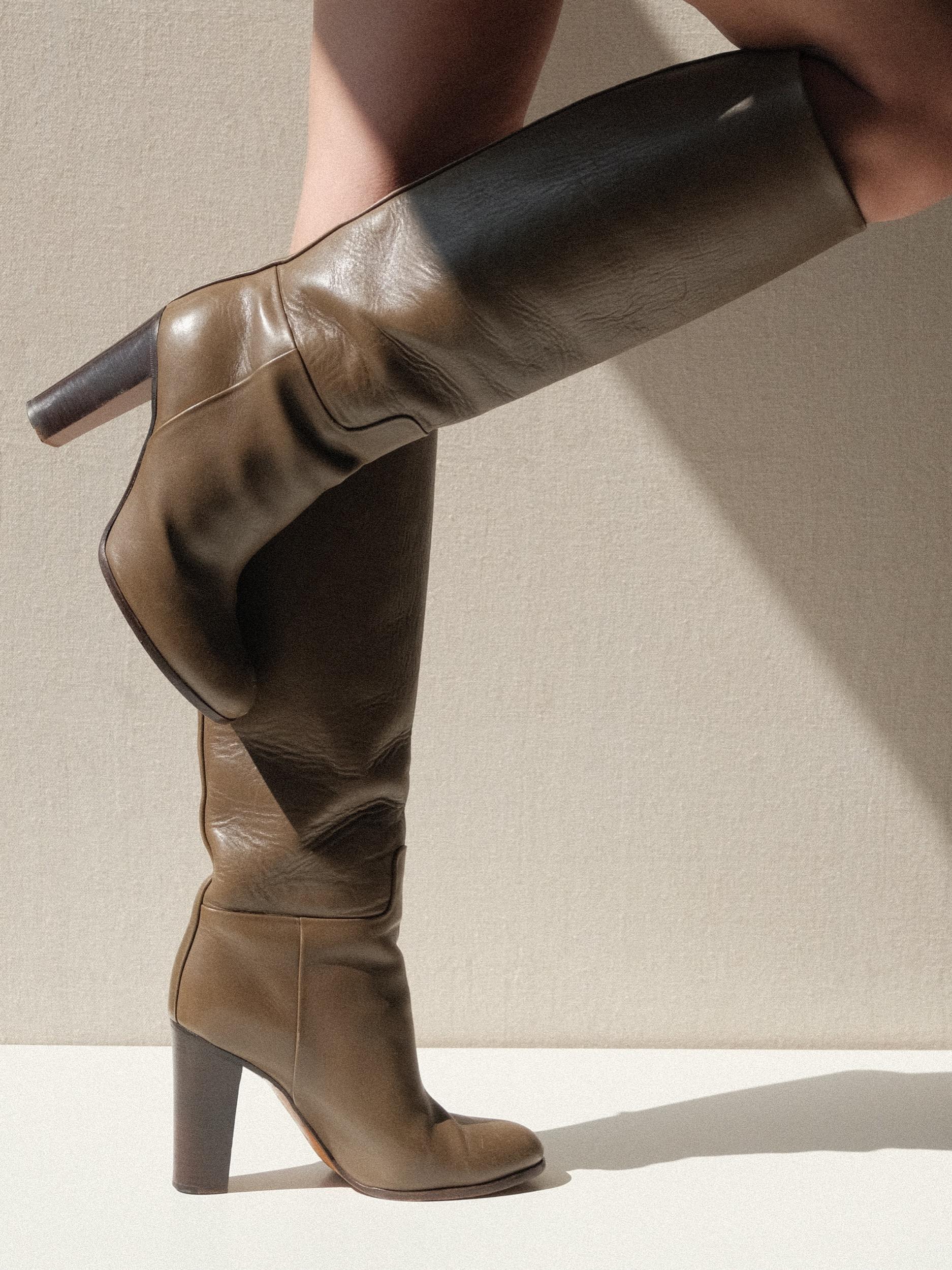 Green Leather Céline Phoebe Philo Knee High Boots 38 5