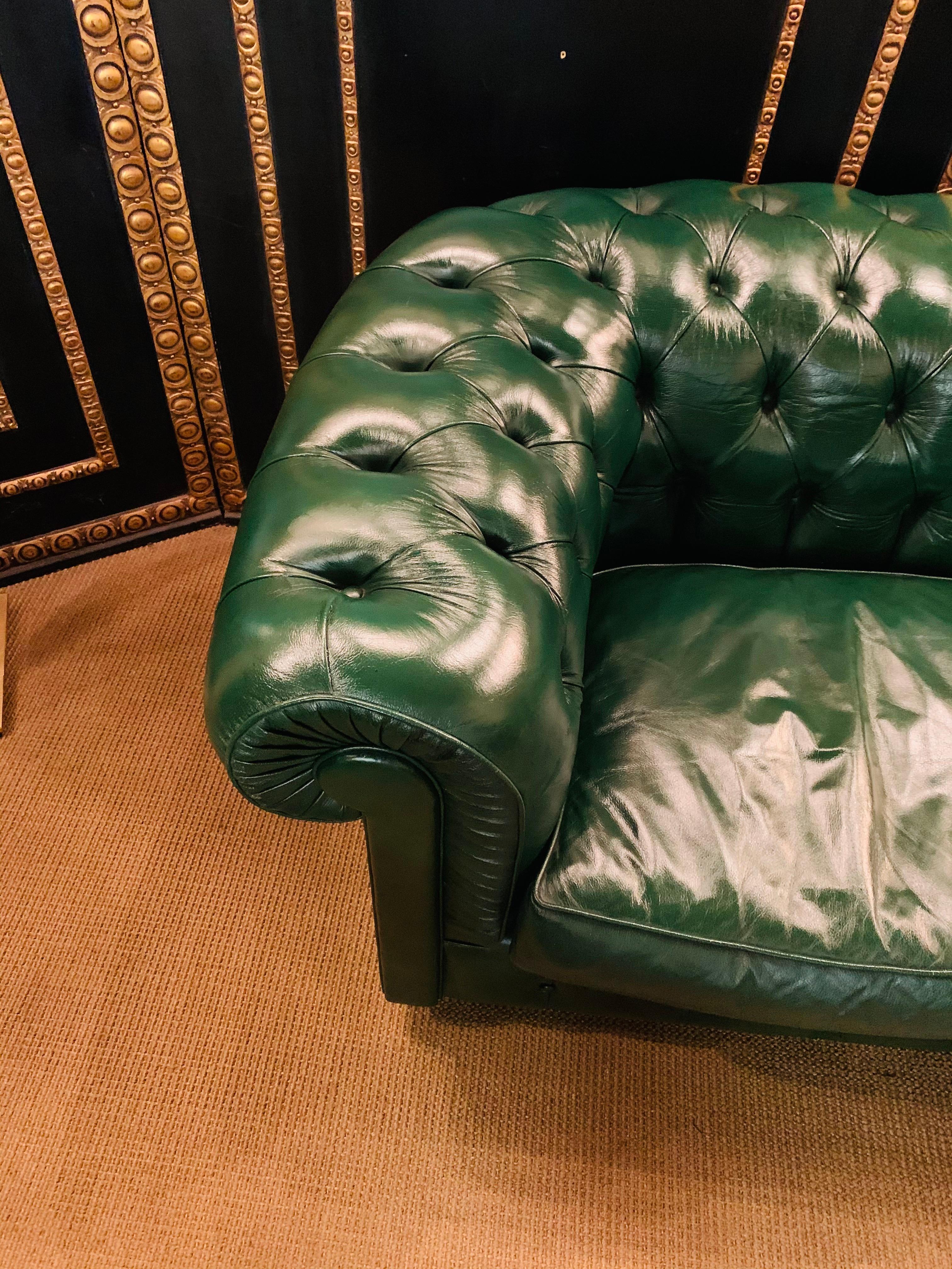 English Green Leather Chesterfield Club Suite Armchair and Sofa from Chateau d'ax
