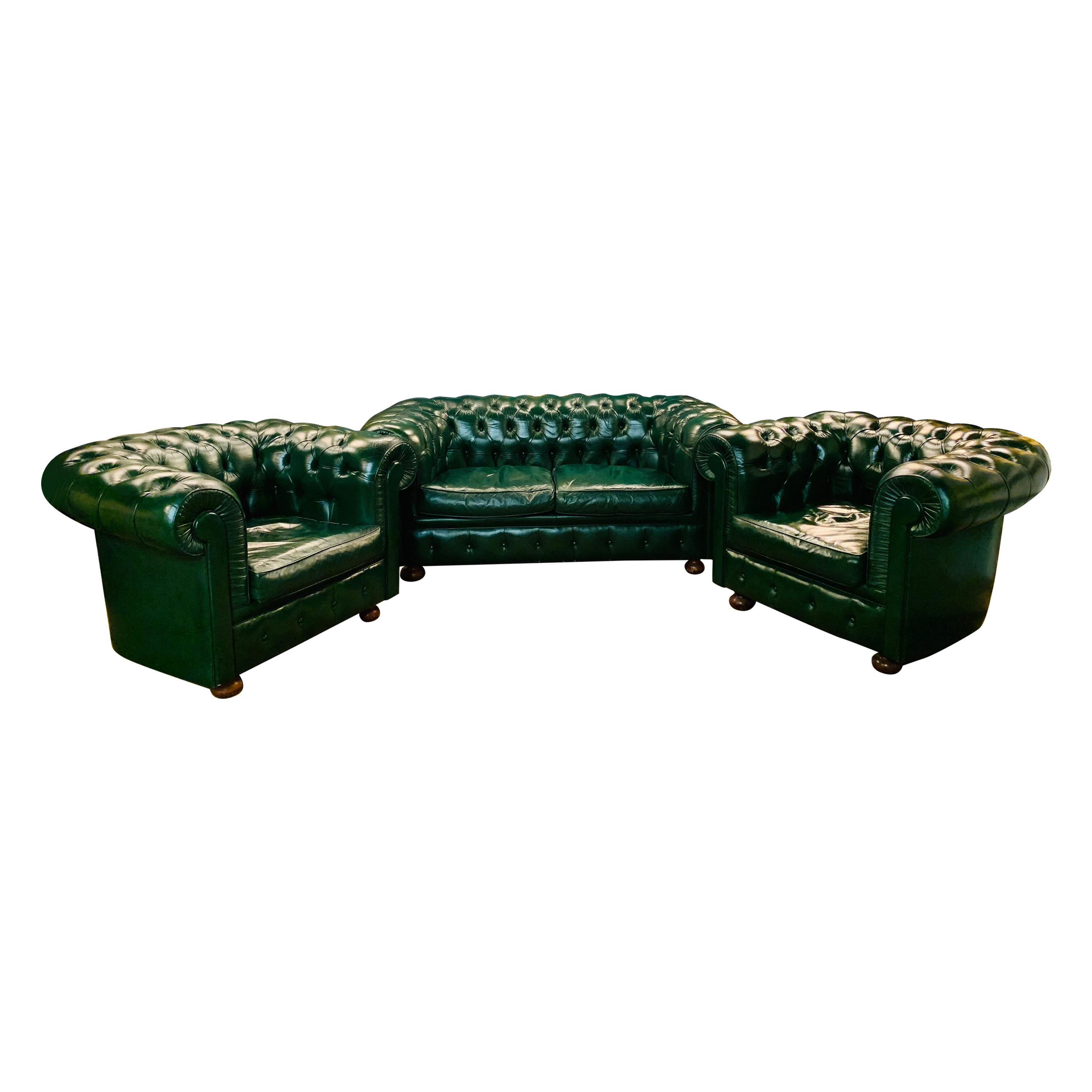 Green Leather Chesterfield Club Suite Armchair and Sofa from Chateau d'ax