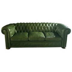Green Leather Chesterfield Sofa, 1970s