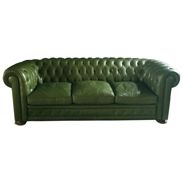 Green Leather Chesterfield Sofa, 1970s at 1stdibs