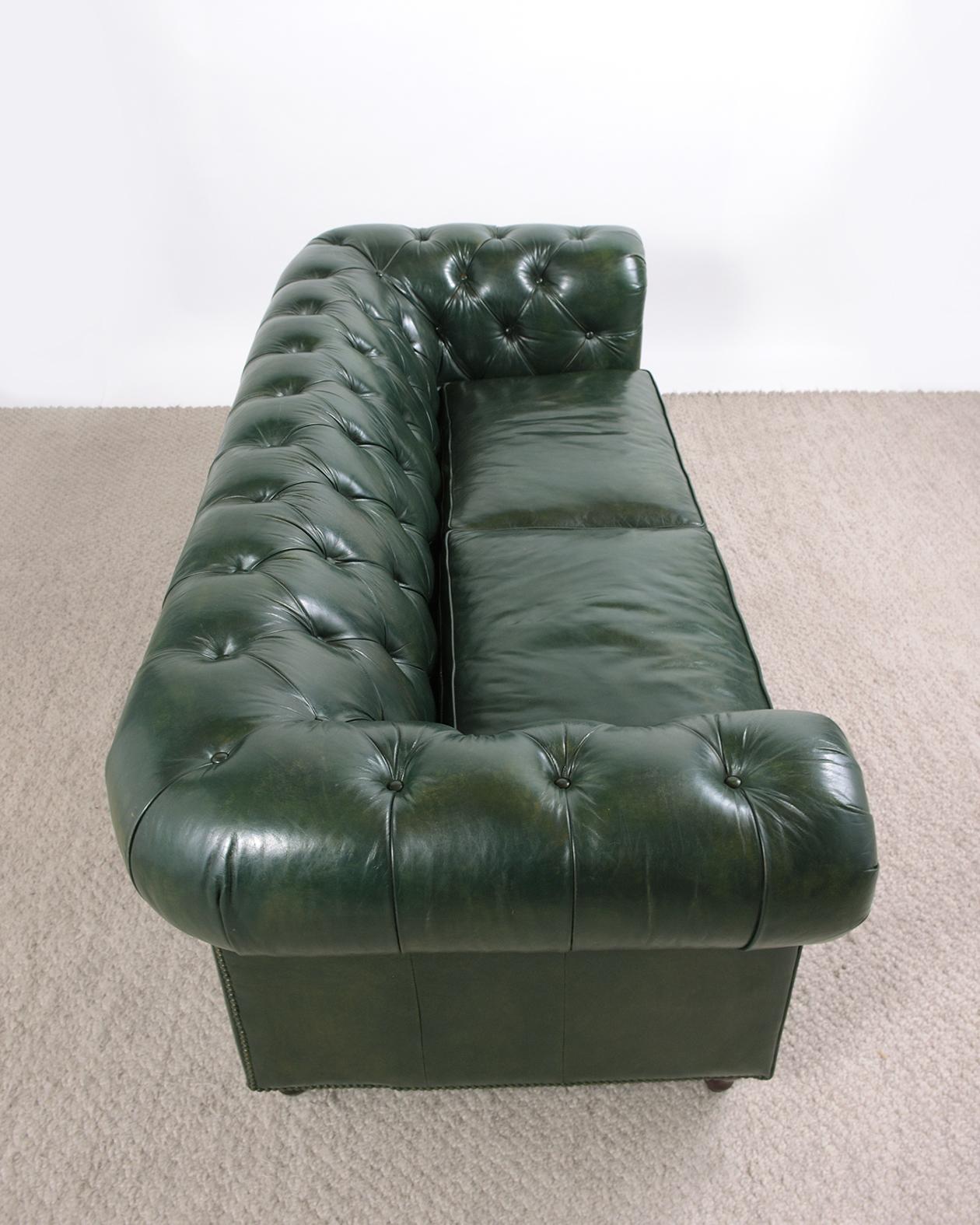 Brass Green Leather Chesterfield Sofa