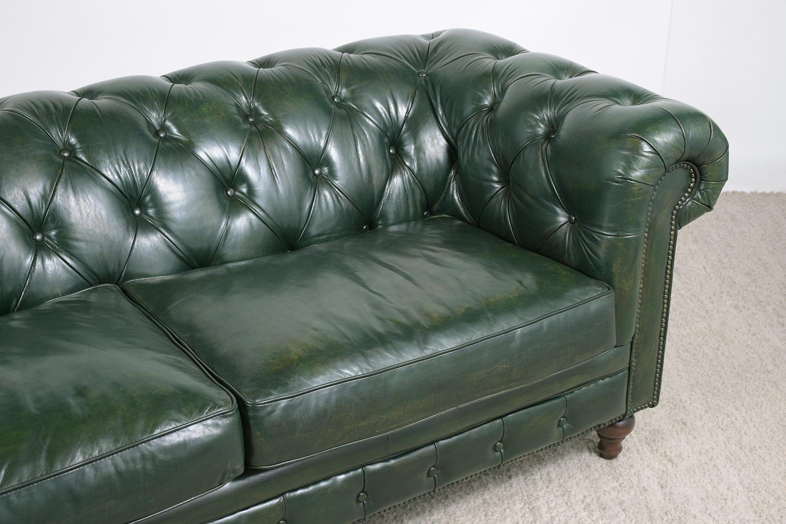 Green Leather Chesterfield Sofa In Good Condition In Los Angeles, CA