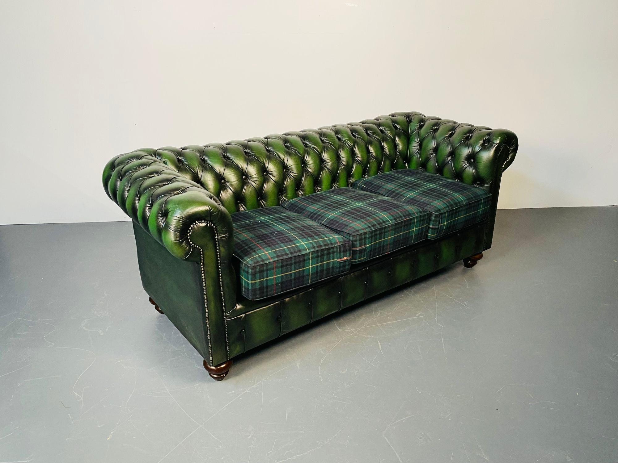 Georgian Green Leather Chesterfield Sofa, Settee, Ralph Lauren, Fabric