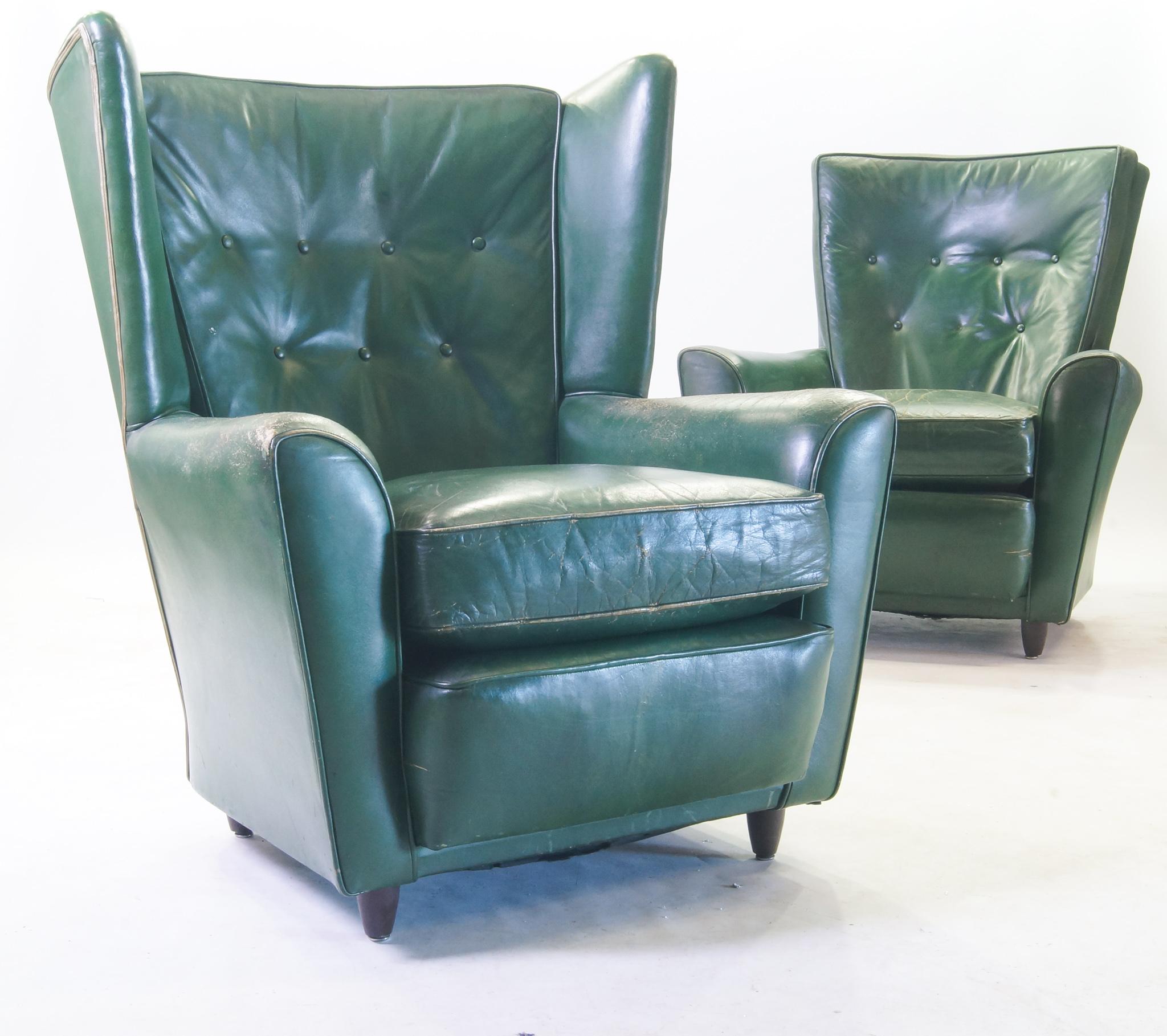 Mid-Century Modern Green Leather Club Chairs, Set of 2, Raw Green Leather