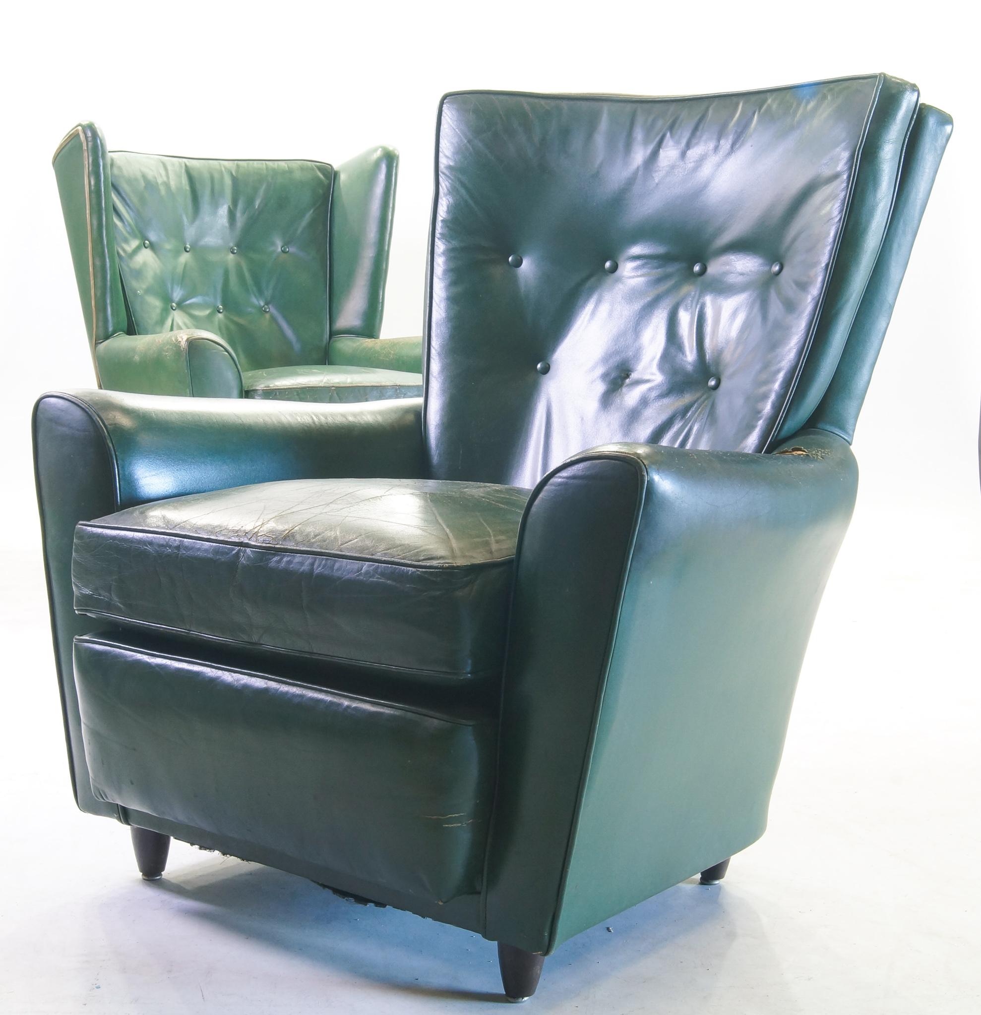 Green Leather Club Chairs, Set of 2, Raw Green Leather