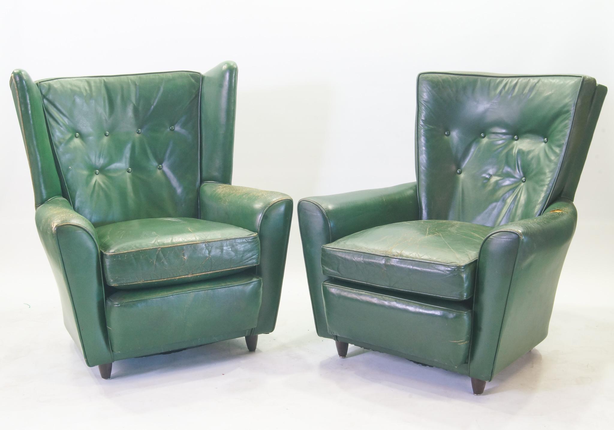 Green Leather Club Chairs, Set of 2, Raw Green Leather In Good Condition In Soesterberg, UT