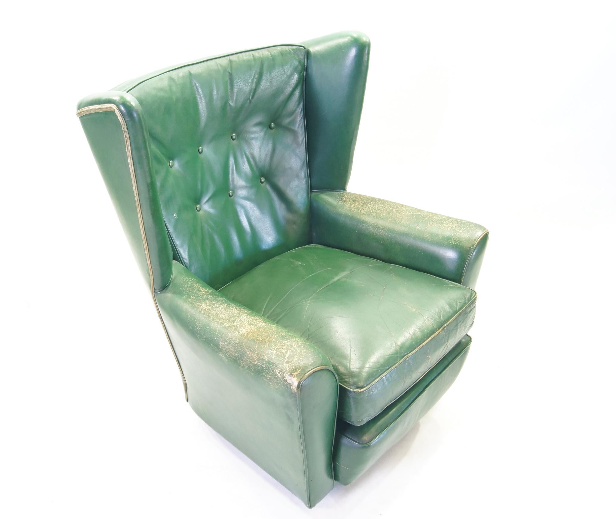 Mid-20th Century Green Leather Club Chairs, Set of 2, Raw Green Leather