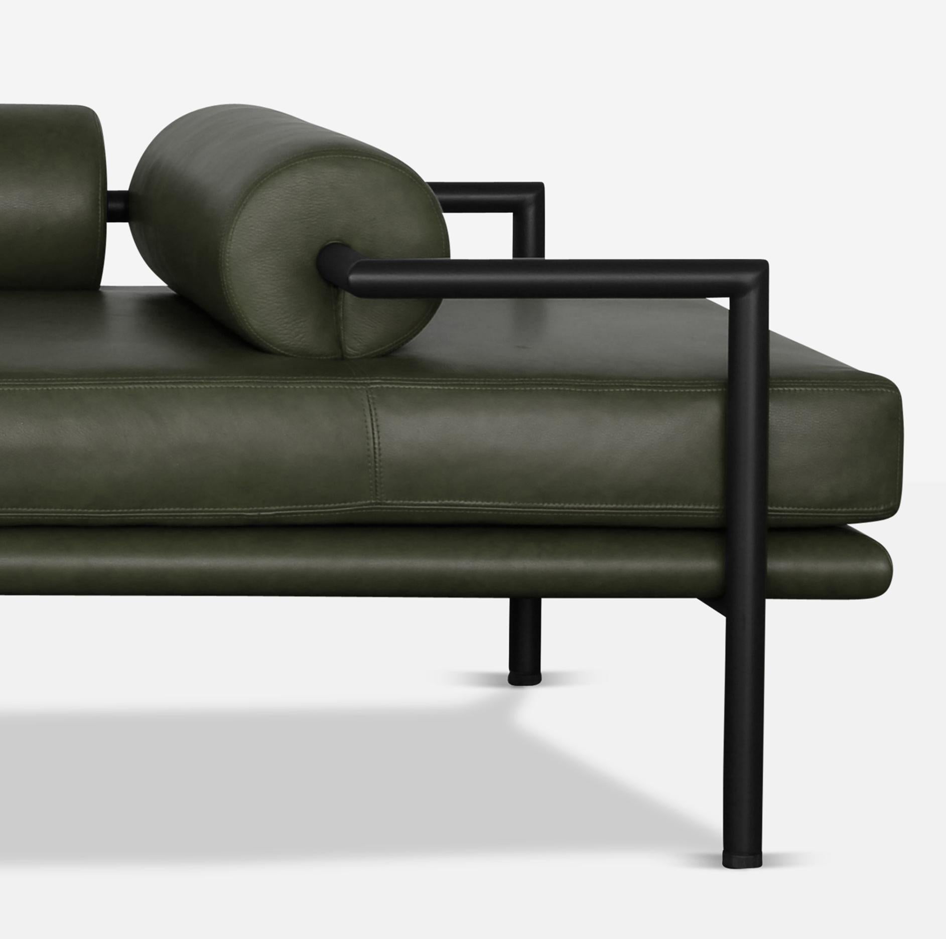 Inspired by the architecture of Luis Barragán, the Dorcia Daybed by Jorge Arturo Ibarra is a unique piece that focuses on form and function. The bolsters serve as head rests, arm rests or low back rests that divide the daybed into central seating