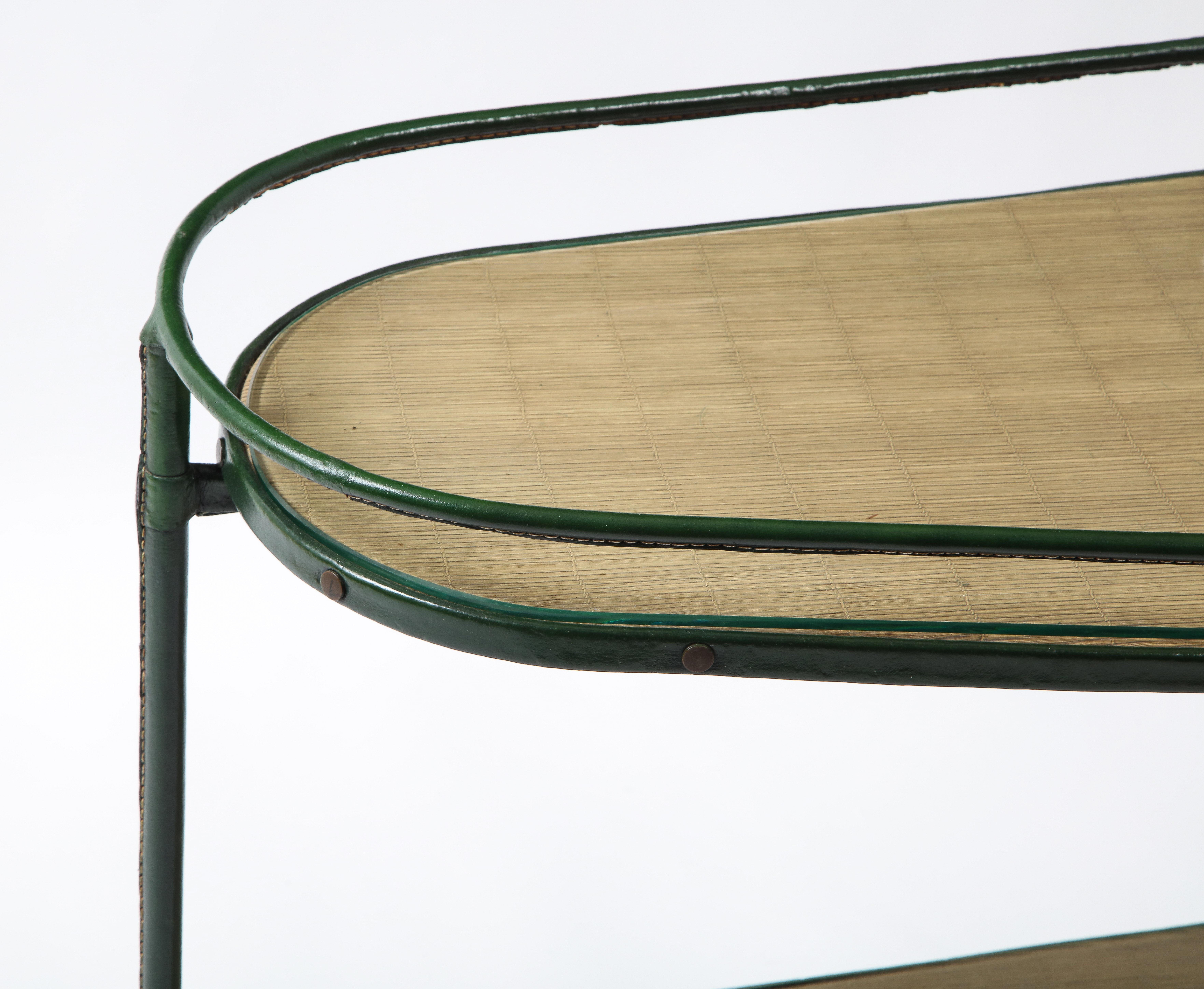 Green Leather Covered Bar Cart by Jacques Adnet, France, 1950s 3