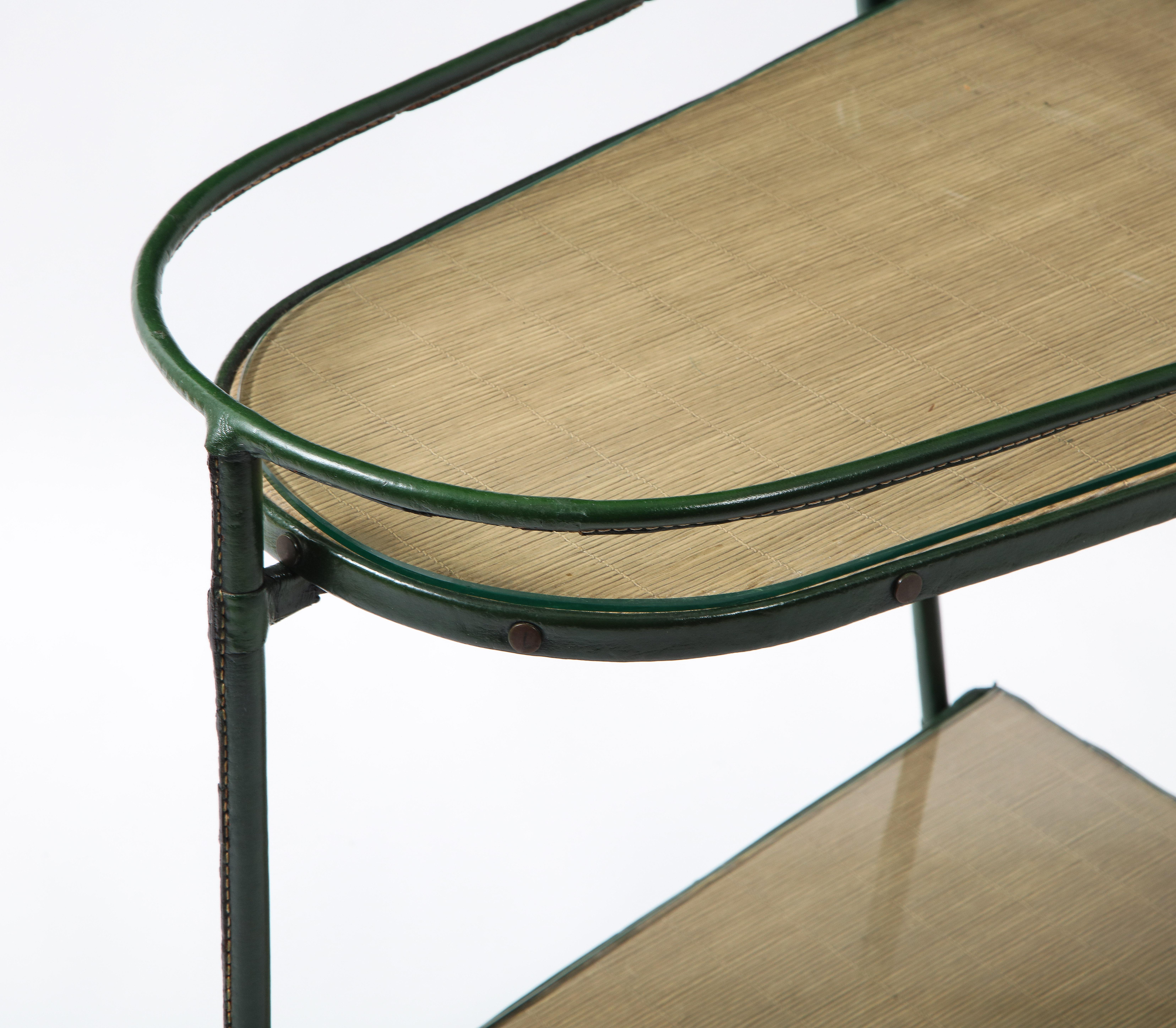 Green Leather Covered Bar Cart by Jacques Adnet, France, 1950s 4