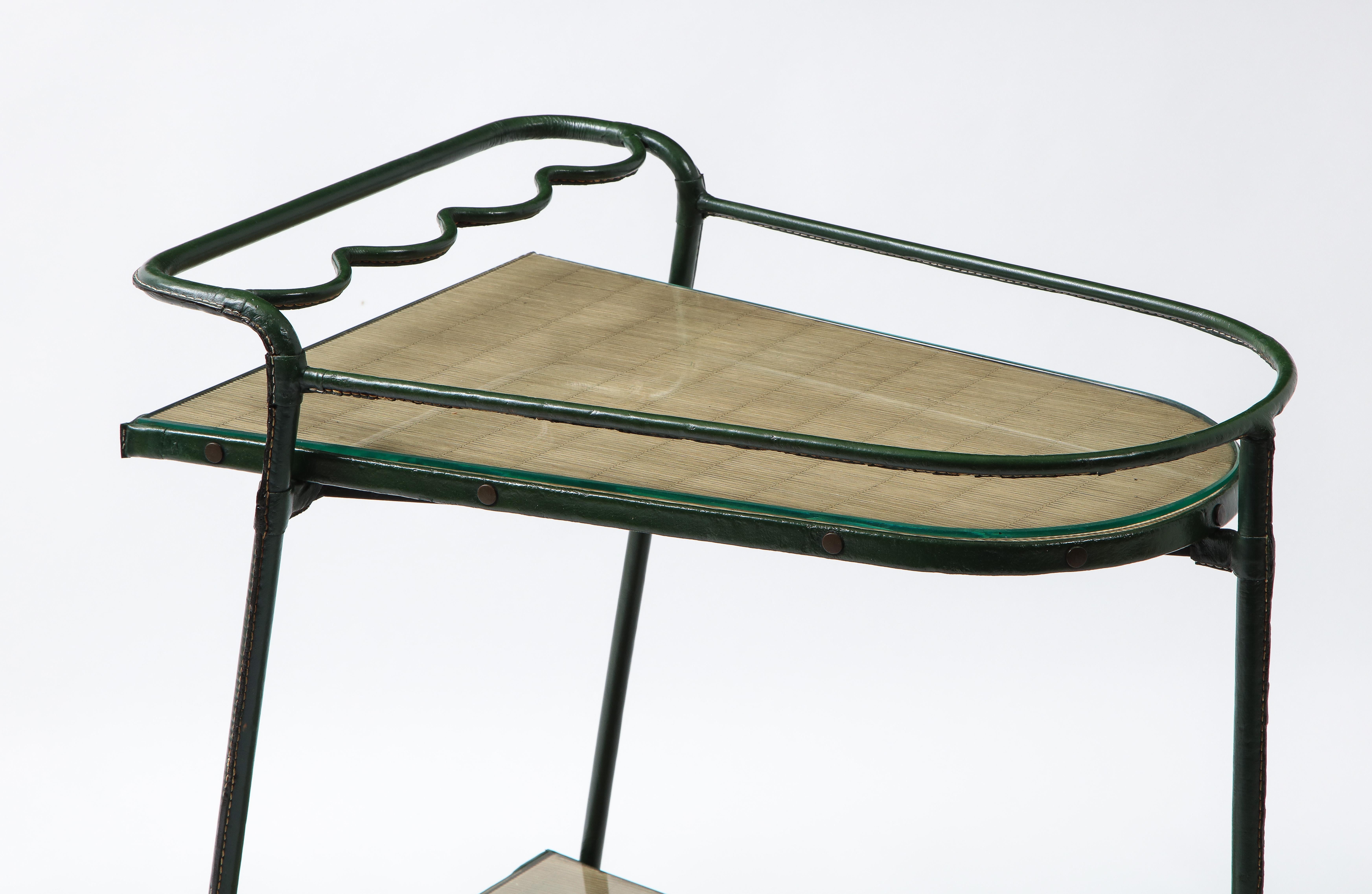 Green Leather Covered Bar Cart by Jacques Adnet, France, 1950s 5