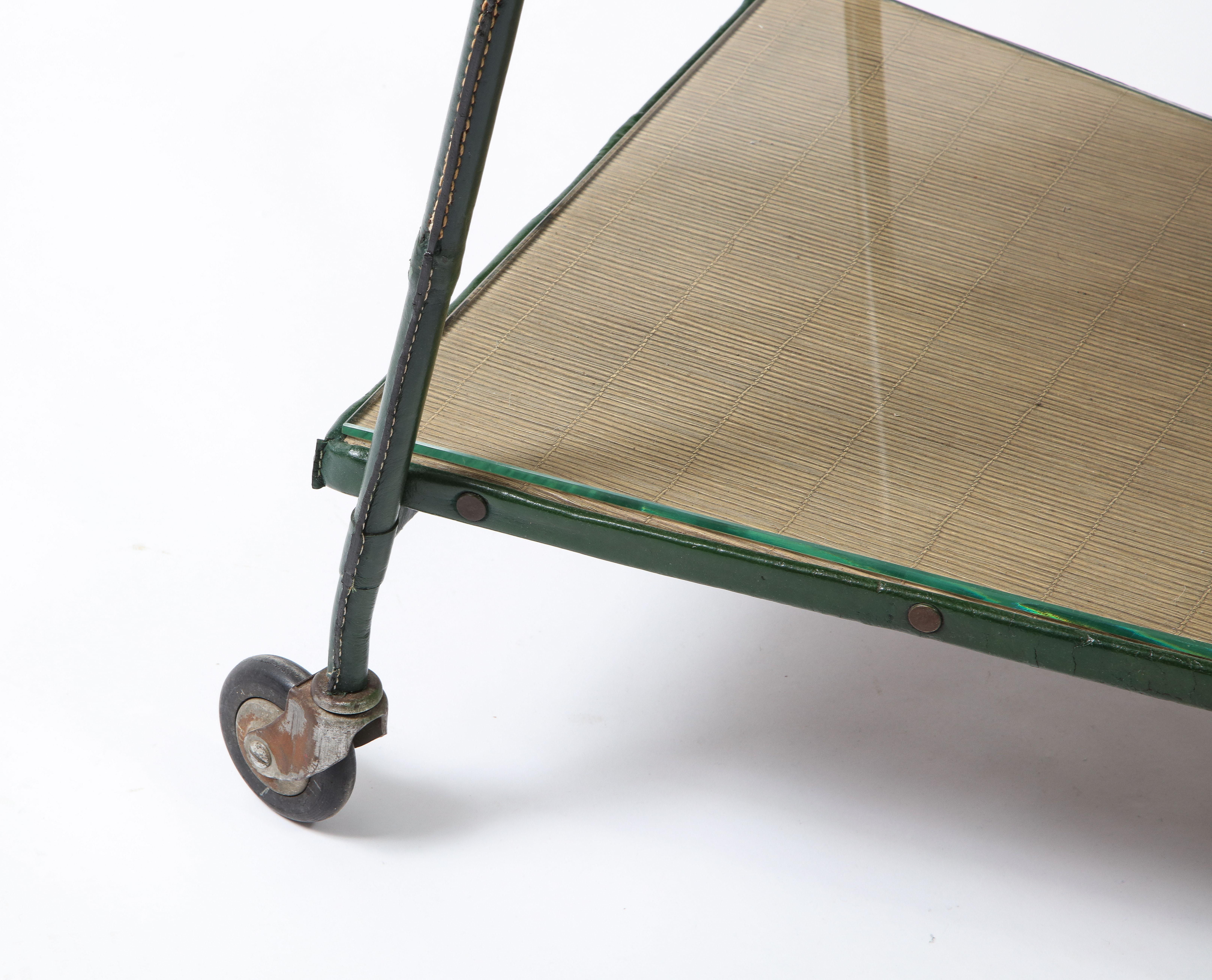 Green Leather Covered Bar Cart by Jacques Adnet, France, 1950s 6