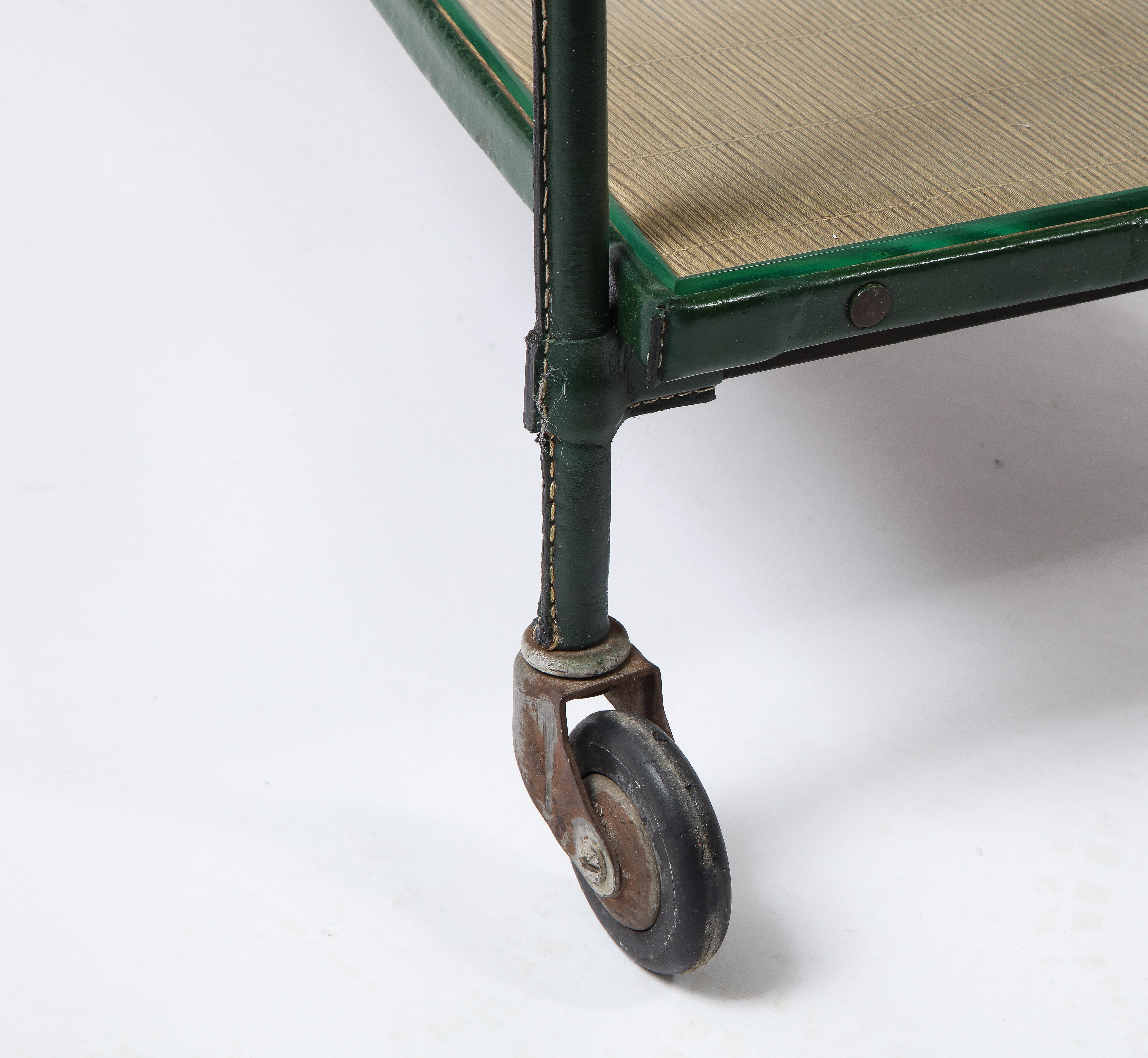 Green Leather Covered Bar Cart by Jacques Adnet, France, 1950s 7