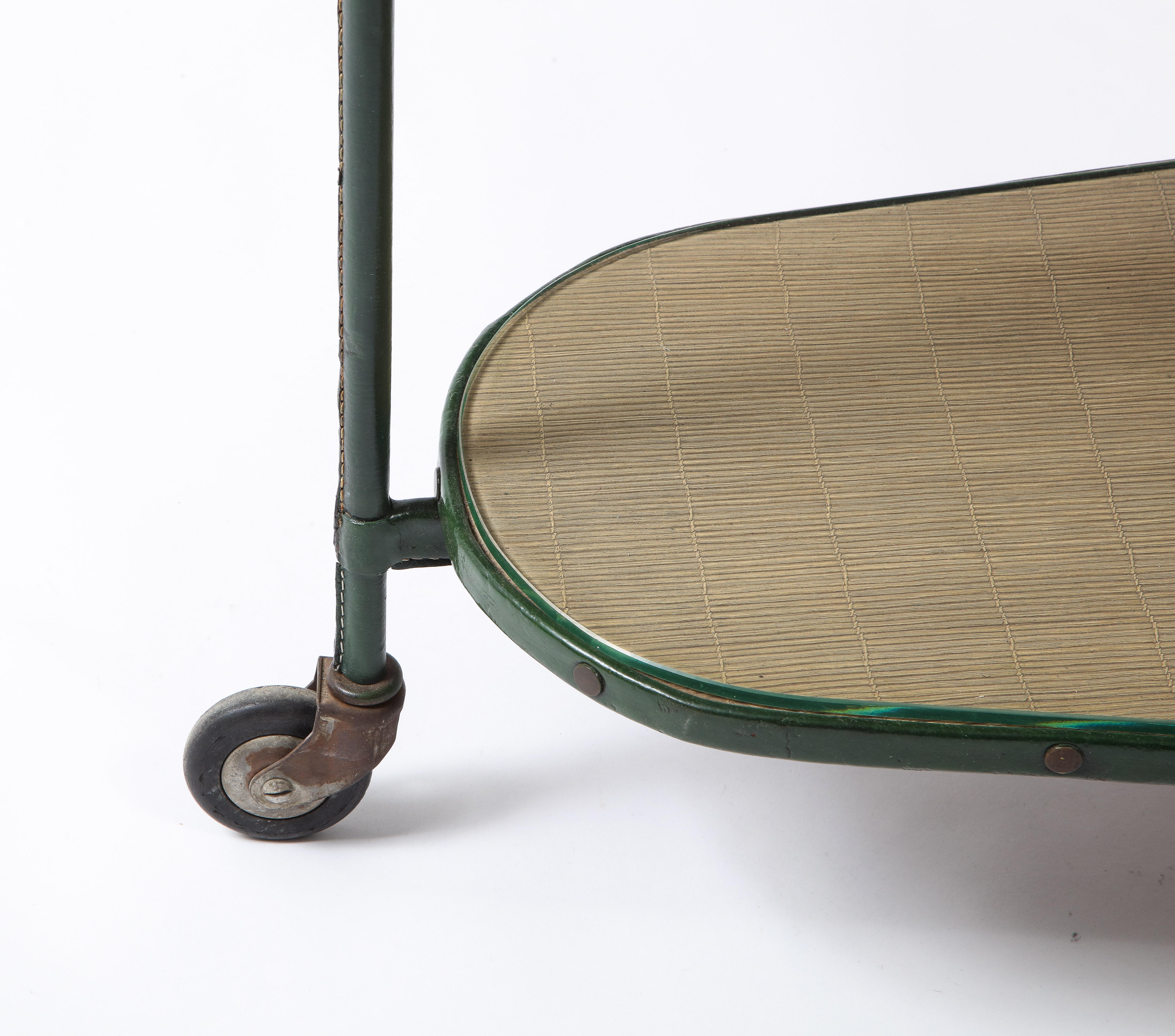 Green Leather Covered Bar Cart by Jacques Adnet, France, 1950s 9
