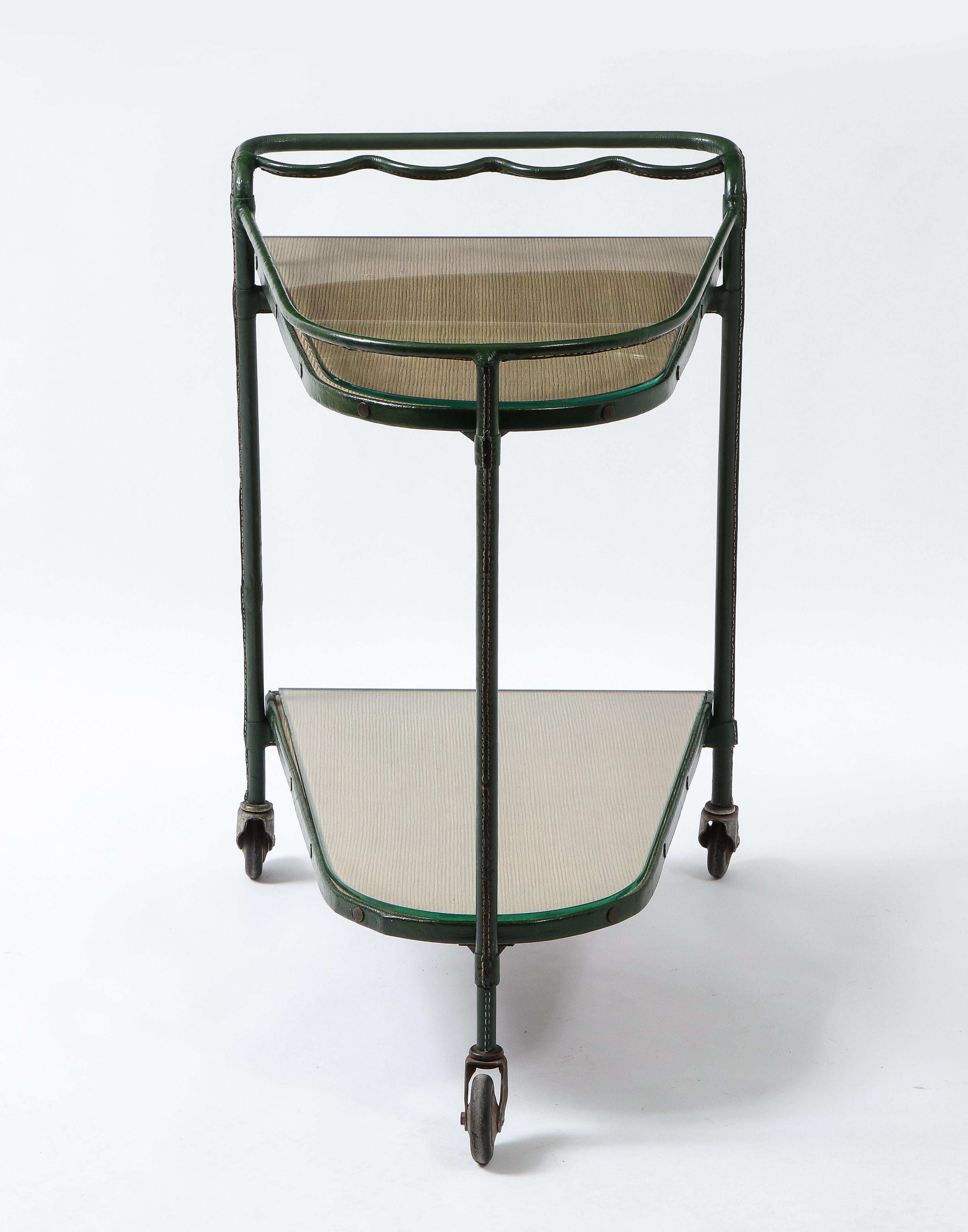 Mid-Century Modern Green Leather Covered Bar Cart by Jacques Adnet, France, 1950s