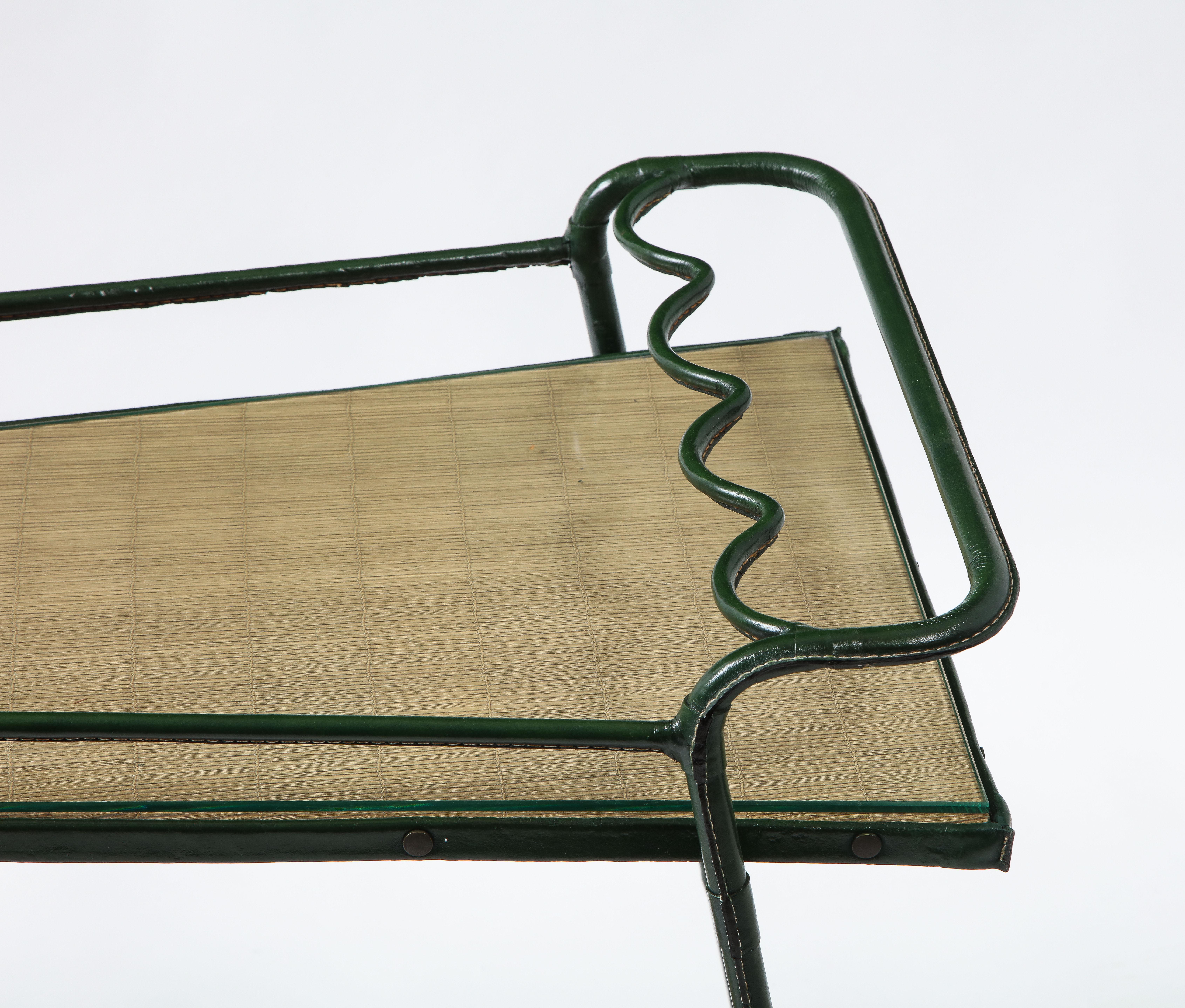 French Green Leather Covered Bar Cart by Jacques Adnet, France, 1950s