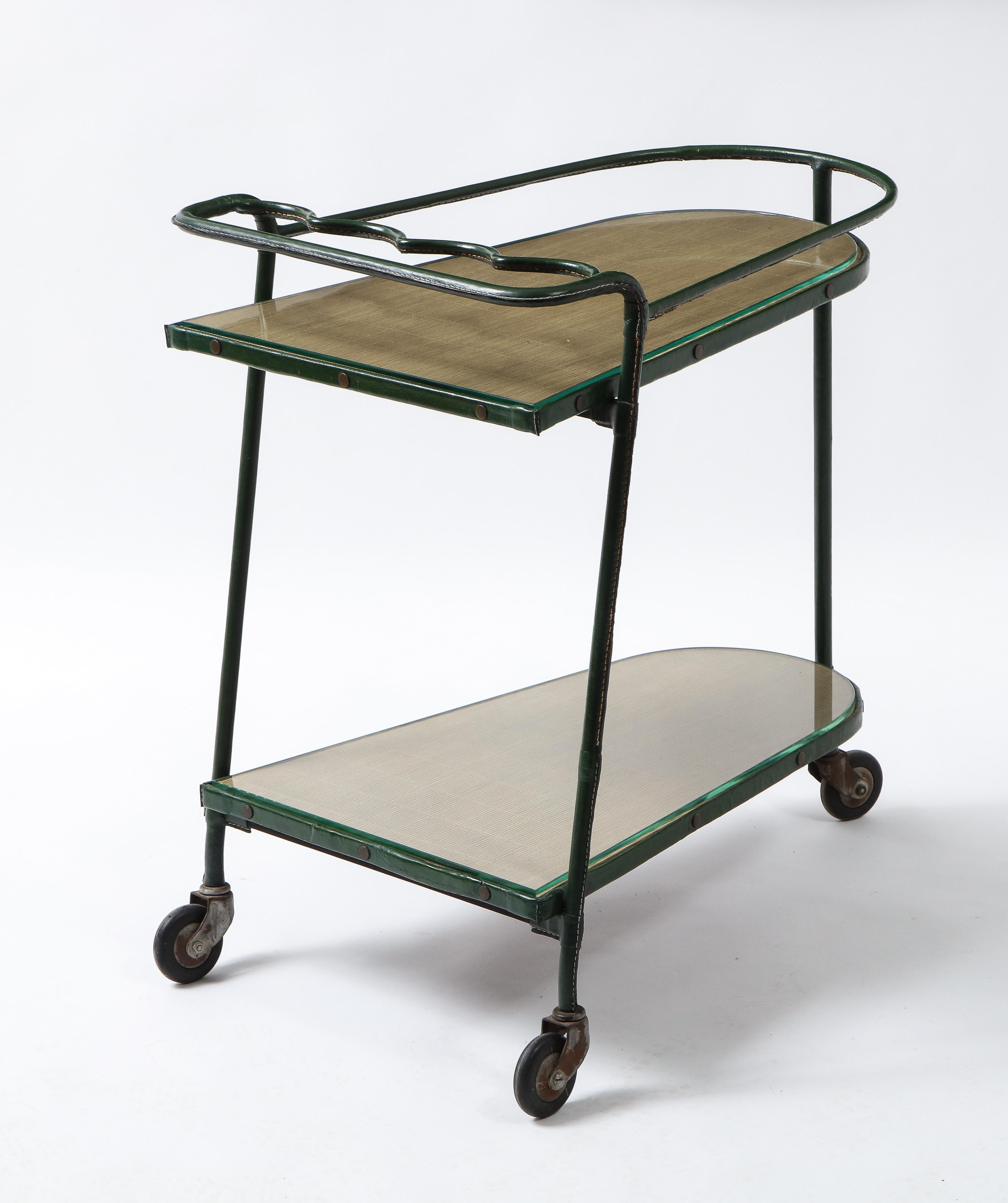Green Leather Covered Bar Cart by Jacques Adnet, France, 1950s In Good Condition In New York, NY