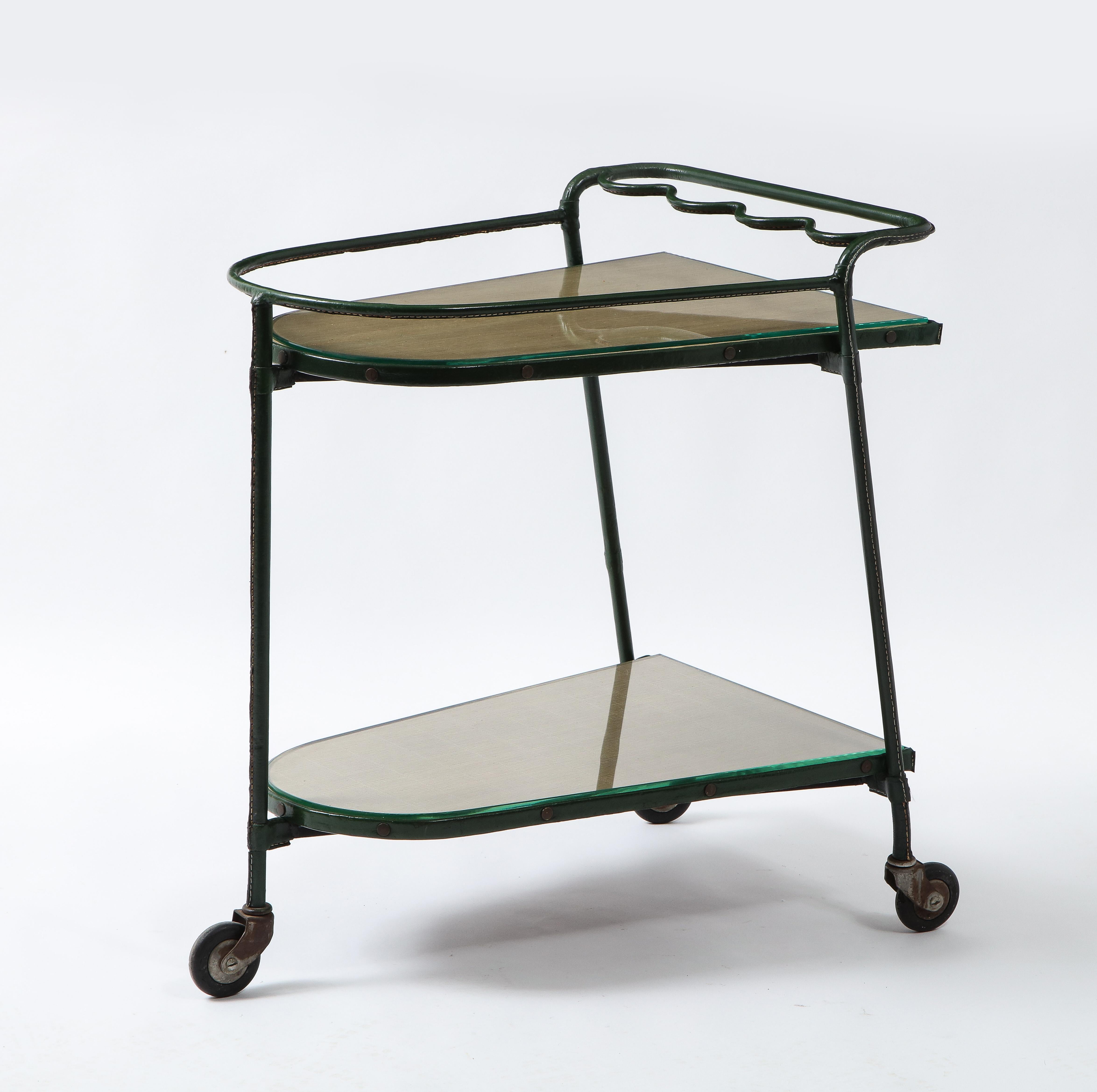 20th Century Green Leather Covered Bar Cart by Jacques Adnet, France, 1950s