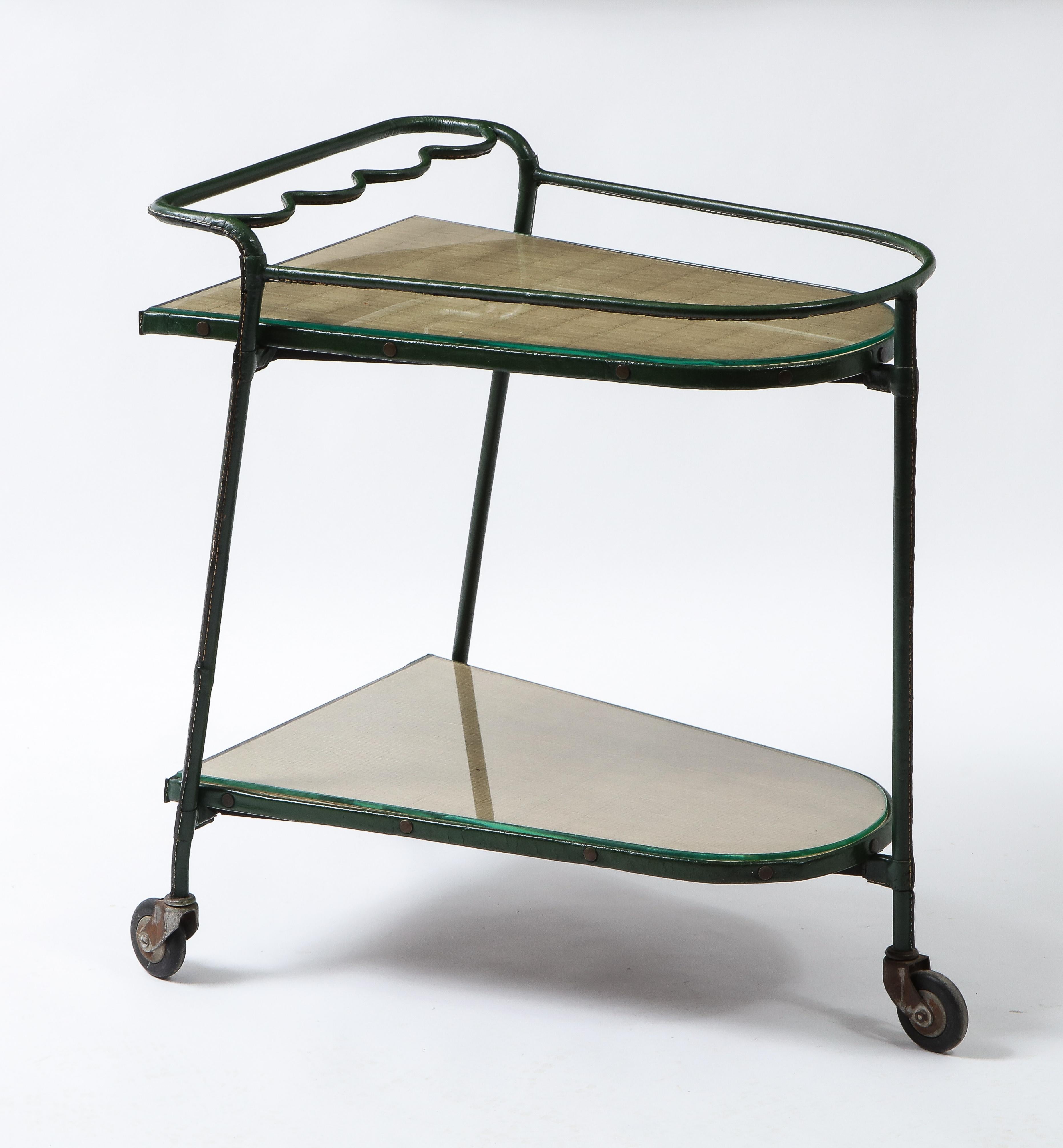 Brass Green Leather Covered Bar Cart by Jacques Adnet, France, 1950s