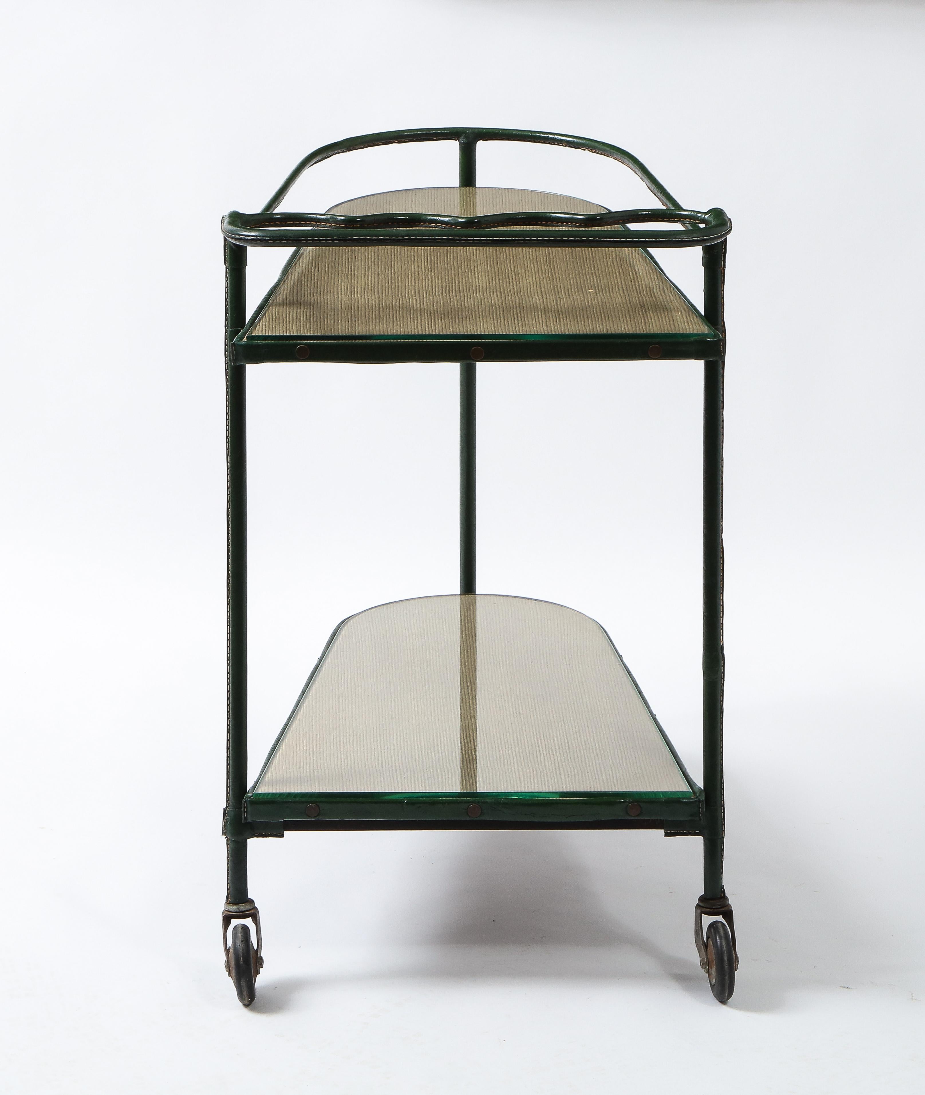 Green Leather Covered Bar Cart by Jacques Adnet, France, 1950s 1