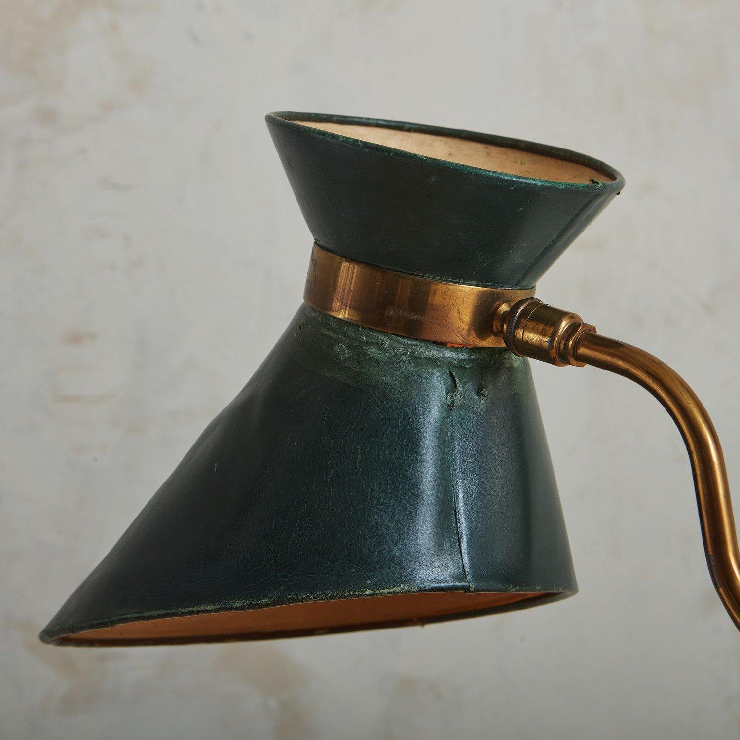 French Green Leather Desk Lamp in the Style of Jacques Adnet, France 1950s For Sale