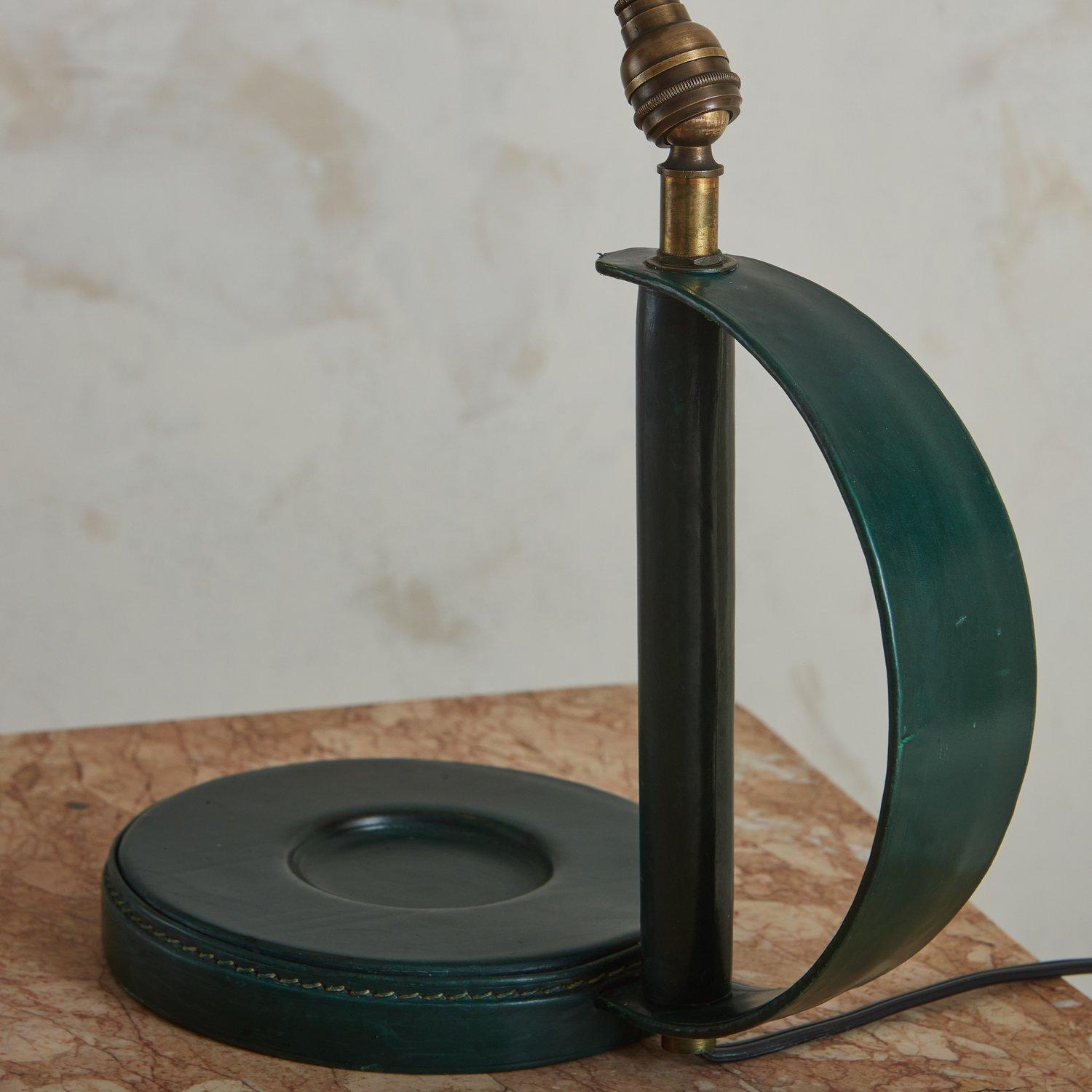 Mid-20th Century Green Leather Desk Lamp in the Style of Jacques Adnet, France 1950s For Sale
