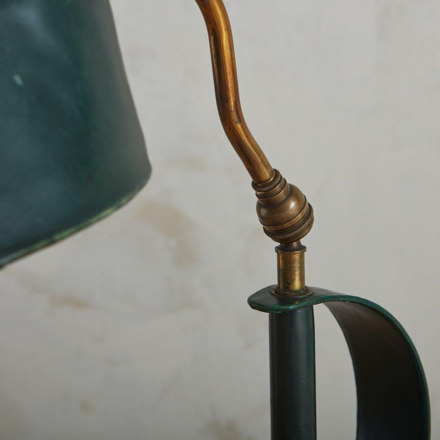 Brass Green Leather Desk Lamp in the Style of Jacques Adnet, France 1950s For Sale