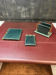 Set da scrivania in pelle verde di Jacques Adnet, Francia, anni ’50