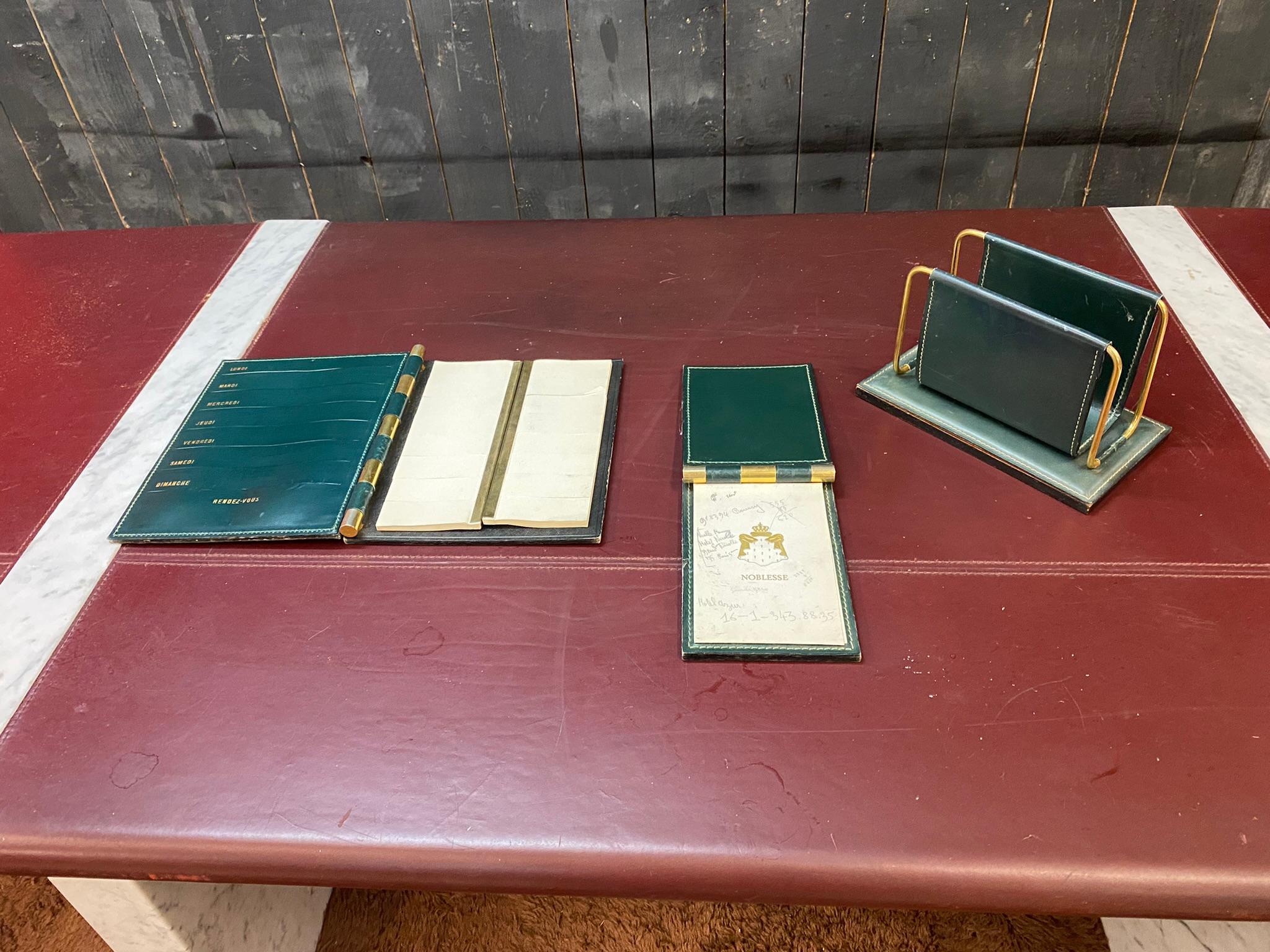 Mid-Century Modern Green Leather Desk Set by Jacques Adnet, France, 1950s For Sale