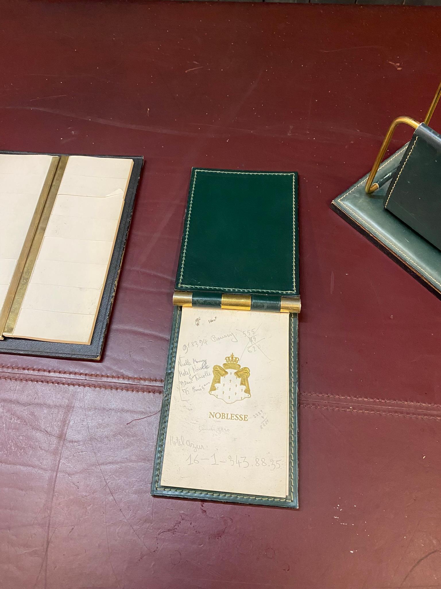 Green Leather Desk Set by Jacques Adnet, France, 1950s In Good Condition For Sale In Saint-Ouen, FR