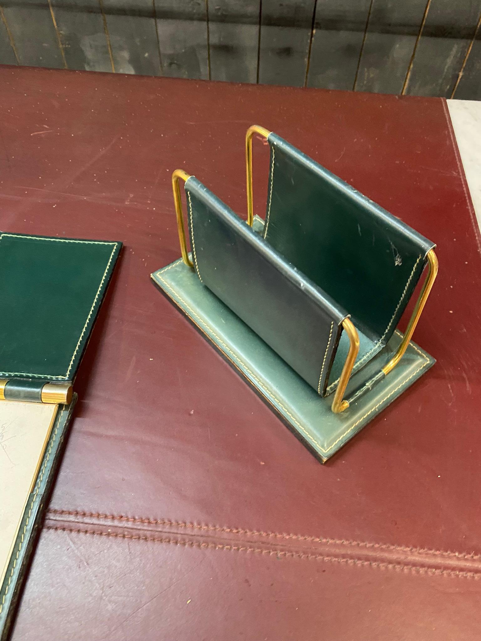 Mid-20th Century Green Leather Desk Set by Jacques Adnet, France, 1950s For Sale